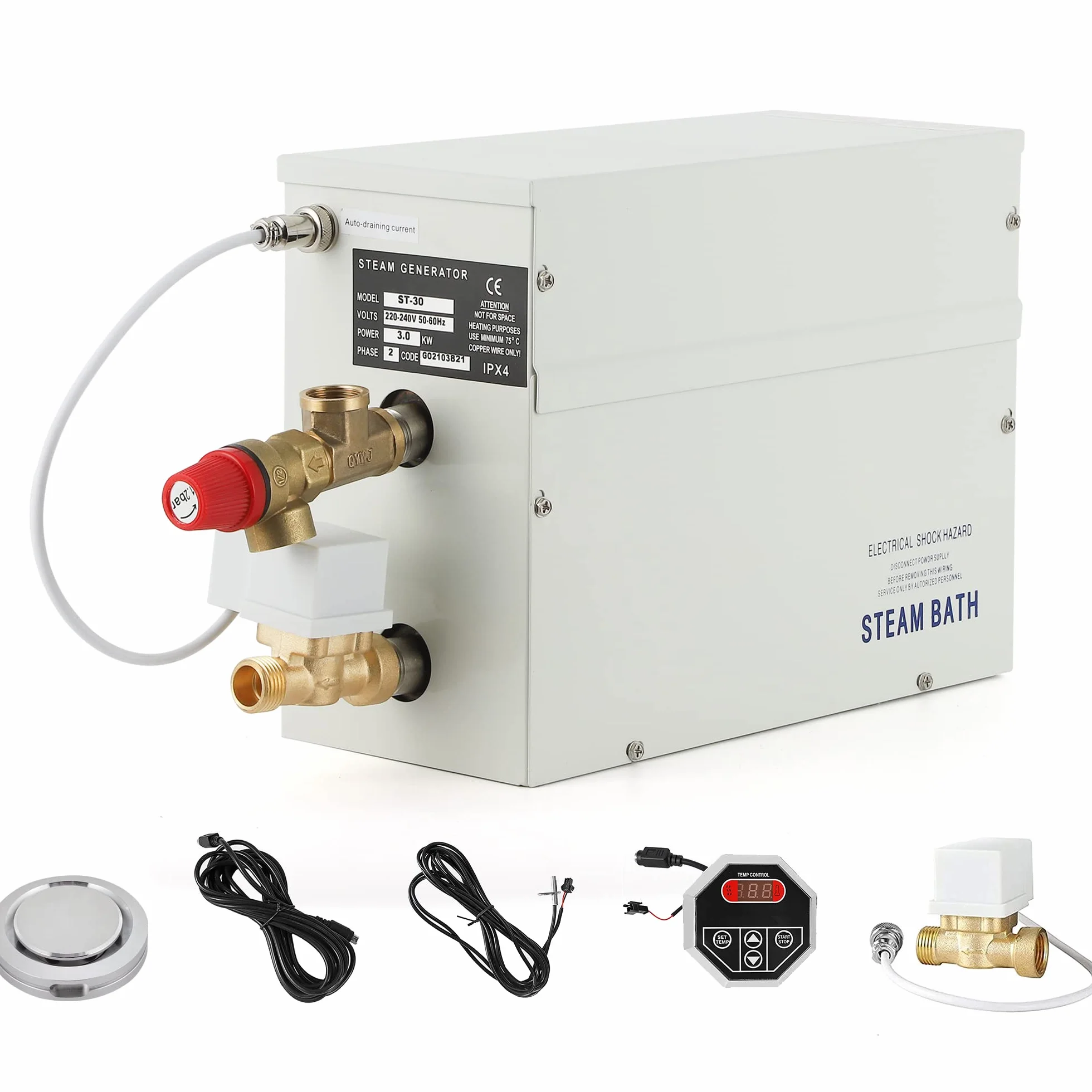 CGOLDENWALL Generador de Vapor para Sauna 3KW 220V de Casera, Ideal para Sauna/Ducha/Baño/SPA, con Sistema de Autodrenaje, Controlador Digital LED 35-55℃ para 3 m³ de Espacio Calentar