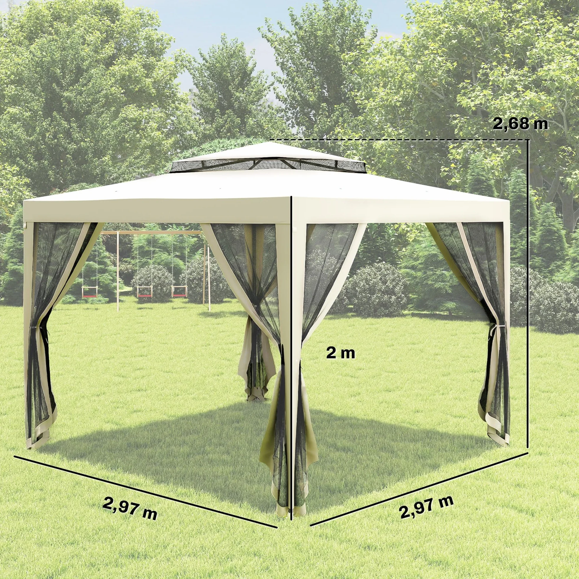 Outsunny Carpa de Jardín 3x3 m Cenador Desmontable de Exterior Gazebo con 4 Mosquiteras Laterales Techo Doble y Marco Metálico Anti-UV Impermeable Pabellón para Terraza Patio Crema
