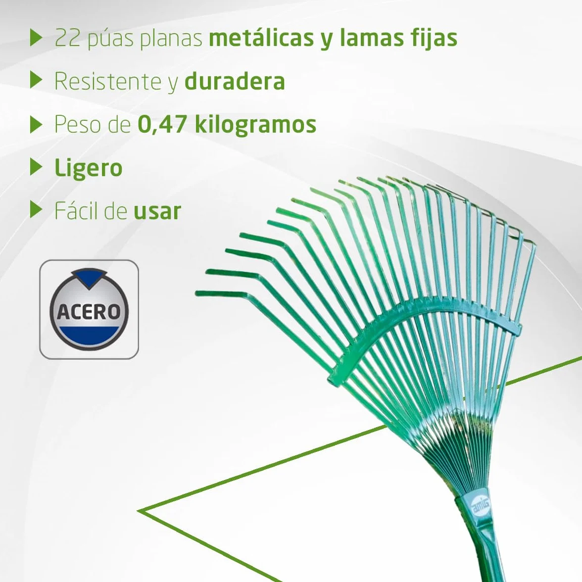Amig Escoba de Jardín Acero Rastrillo 22 Púas Planas Metálicas 400 mm