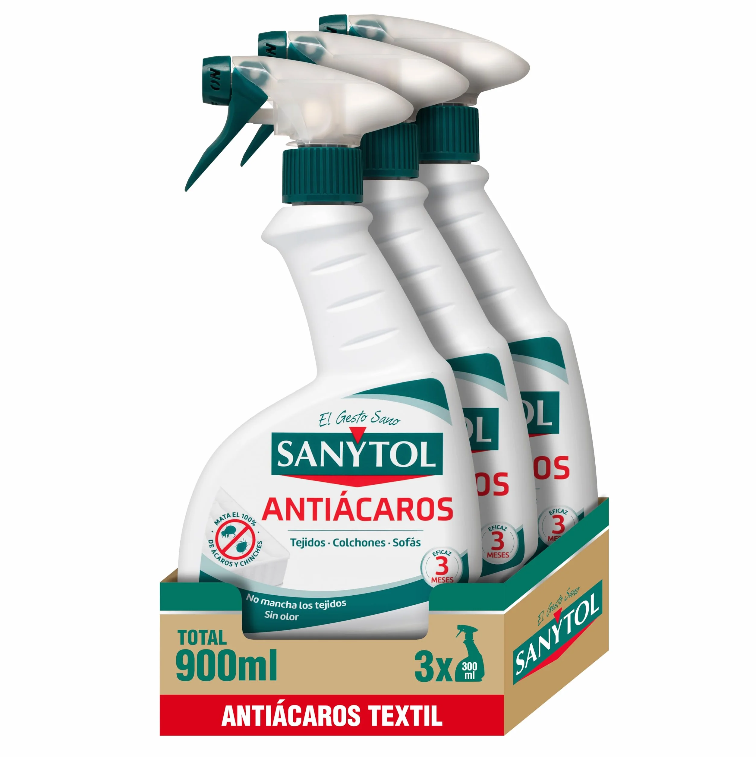 Sanytol Spray Antiácaros Mata Ácaros y Chinches 3 x 300 ml para Colchón Sofás Alfombras