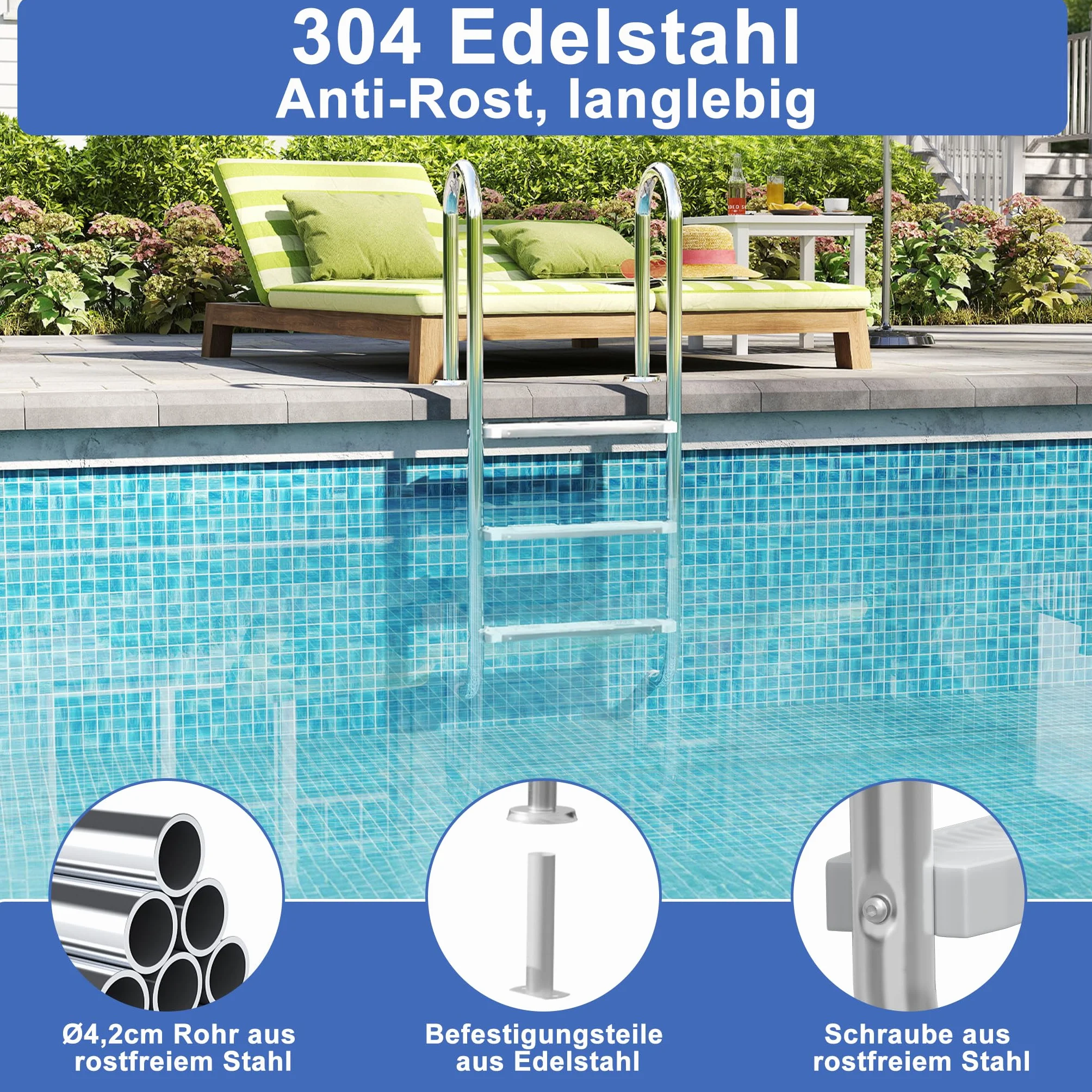 XMTECH Escalera de piscina acero inoxidable 4 peldaños incluye material montaje anclaje plástico almohadillas antideslizantes plateada