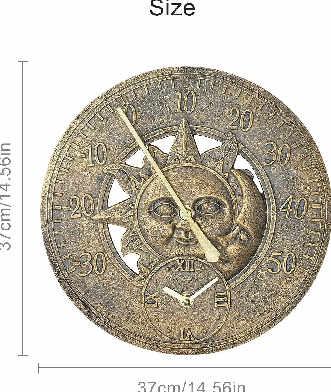 Termómetro de jardín analógico de pared bronce sol y luna 30 cm vintage resistente intemperie estación meteorológica