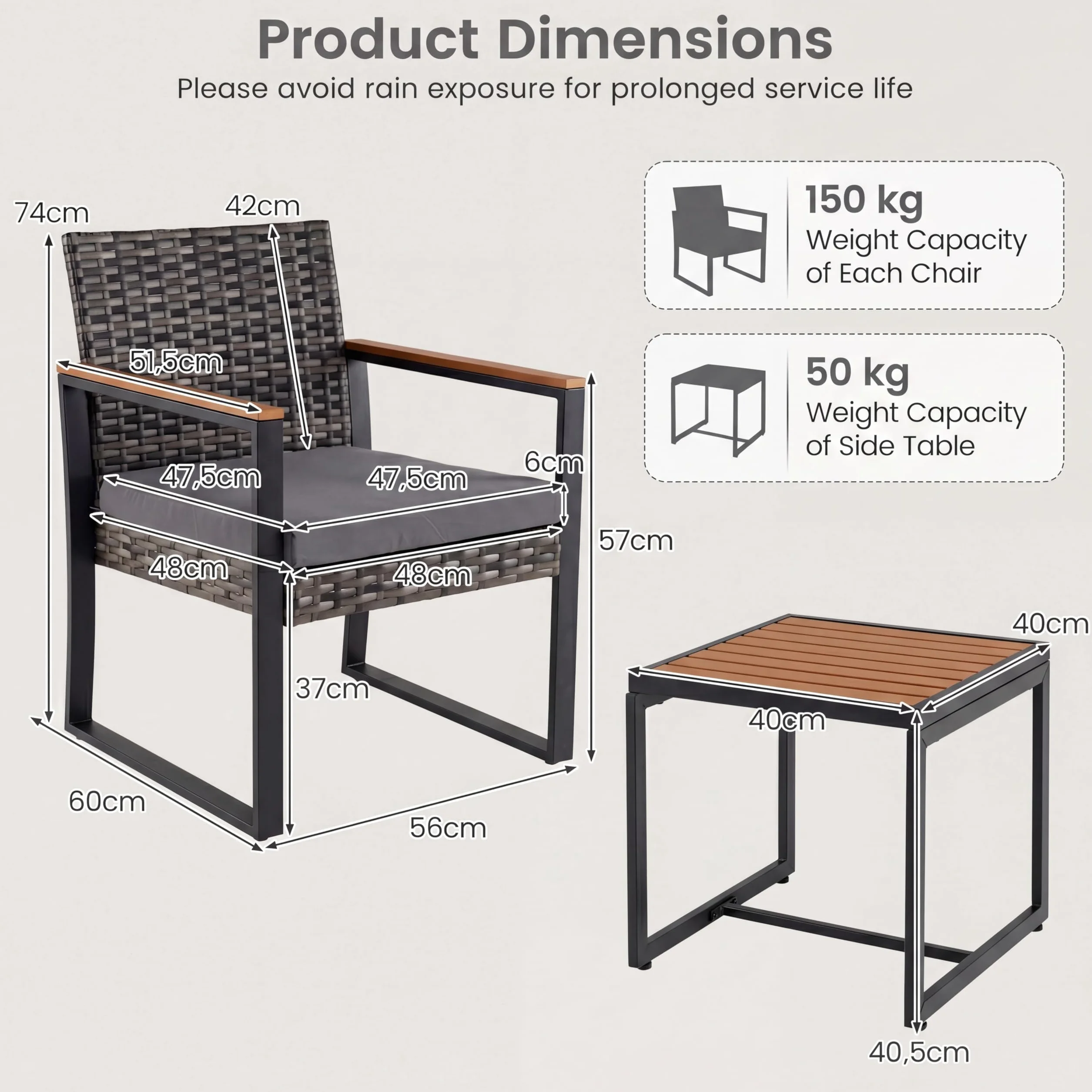 LIFEZEAL Set de 3 Piezas Muebles de Ratán PE, Mesa y Sillas Exterior, Cojines y Patas Ajustables Gris