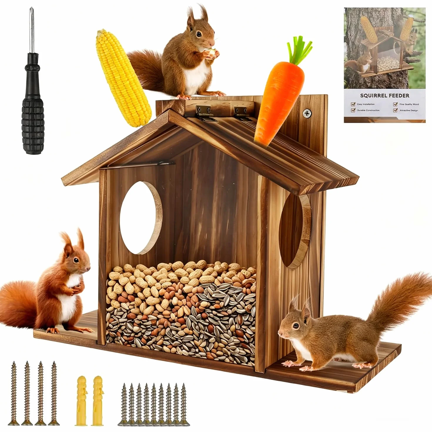 Comedero para Ardillas de Madera de Pino, Casa de Alimentación para Exteriores