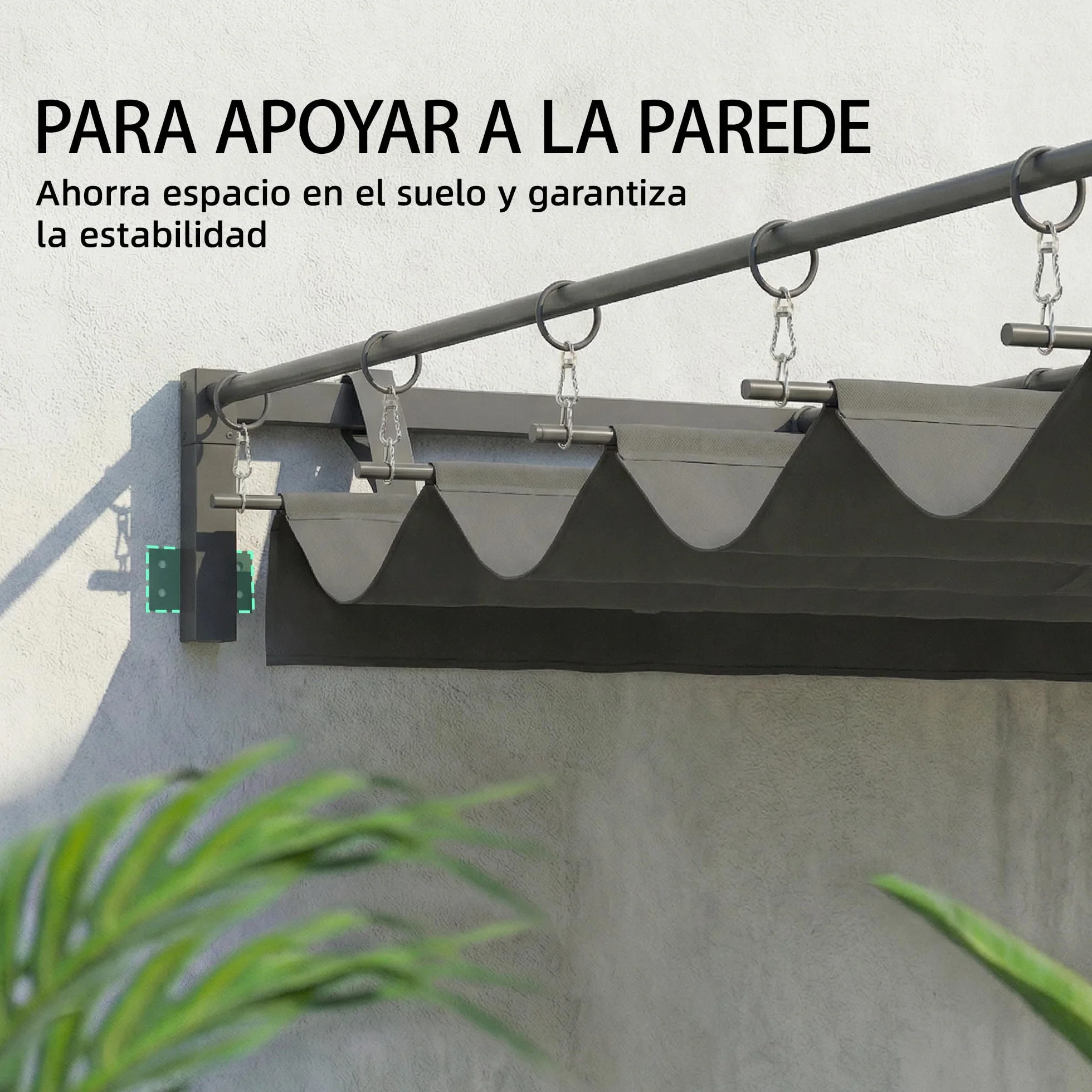 Outsunny Pérgola de Pared de Jardín 3x3 m, Cenador con Techo Retráctil, UPF30+, Estructura de Acero, Gris Oscuro