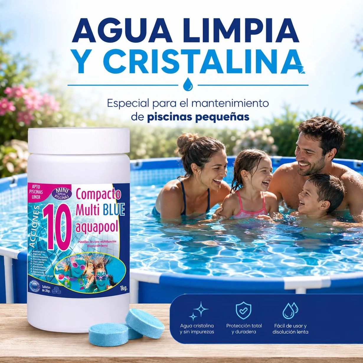 Cloro Mini Piscinas Aquapool Tabletas 1 kg Apto para POLIÉSTER Liner