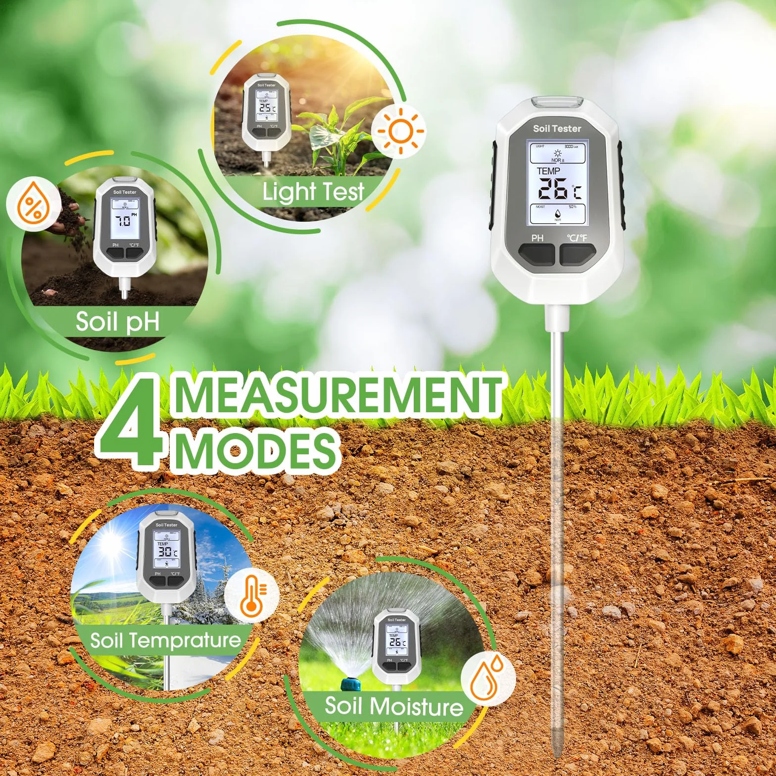 YAMRON Medidor de Humedad del Suelo 4 en 1 Digital pH Humedad PH Temperatura Luz Solar con Pantalla LCD