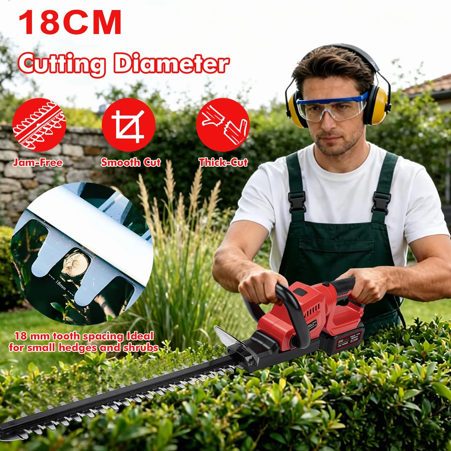 Cortasetos inalámbrico 21 V con 2 baterías de 3000 mAh y cargador, longitud de corte de 56 cm, separación entre dientes 18 mm, cuchilla doble filo SK5, cortasetos eléctrico 850 W para setos y arbustos