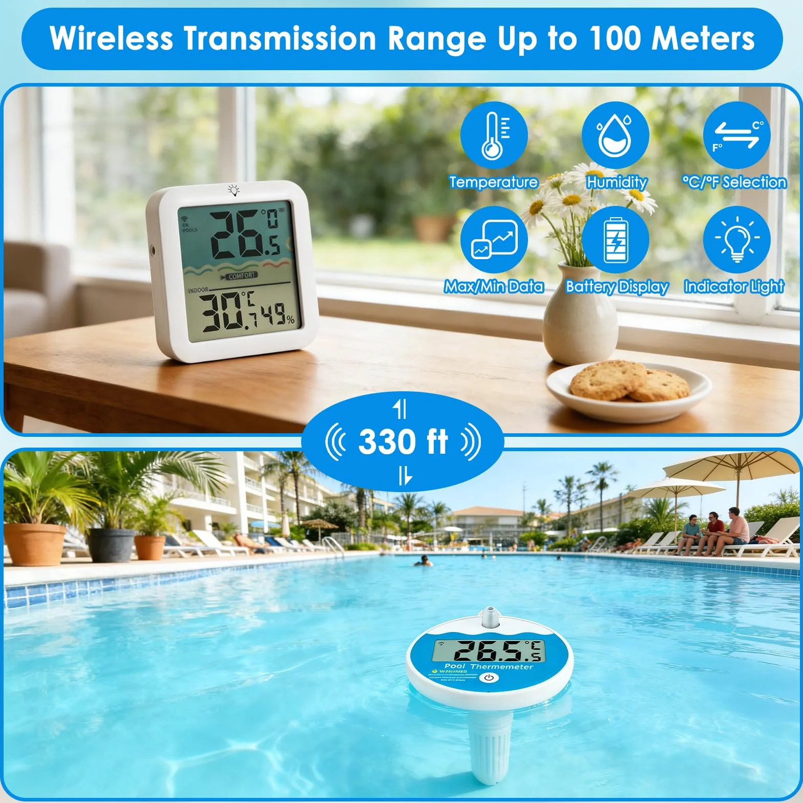 ALLOMN Termómetro digital para piscina inalámbrico IP68 medidor de temperatura del agua