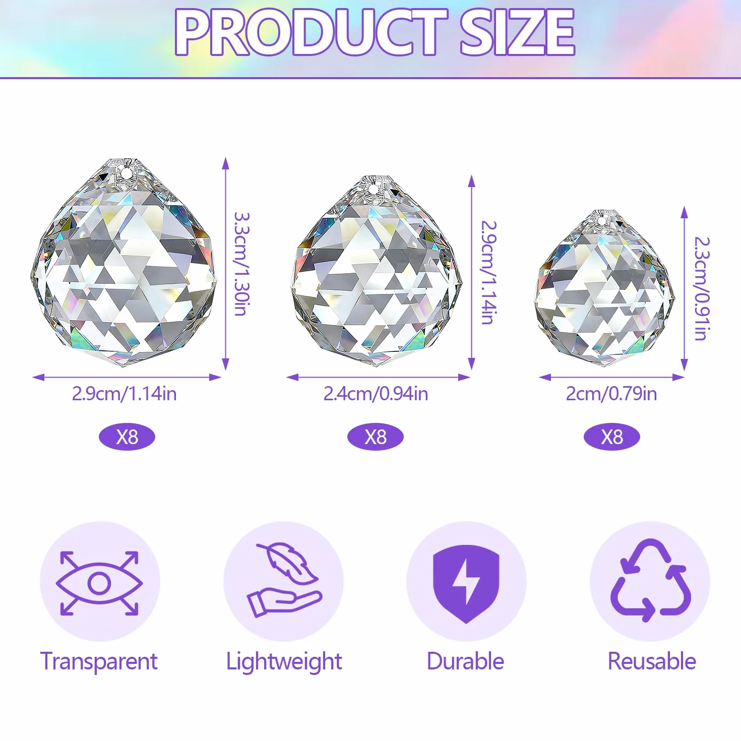 Atrapasoles Bola de Cristal Prisma 24 Piezas Reutilizables Colgante Transparente 20mm 24mm 29mm Decoración