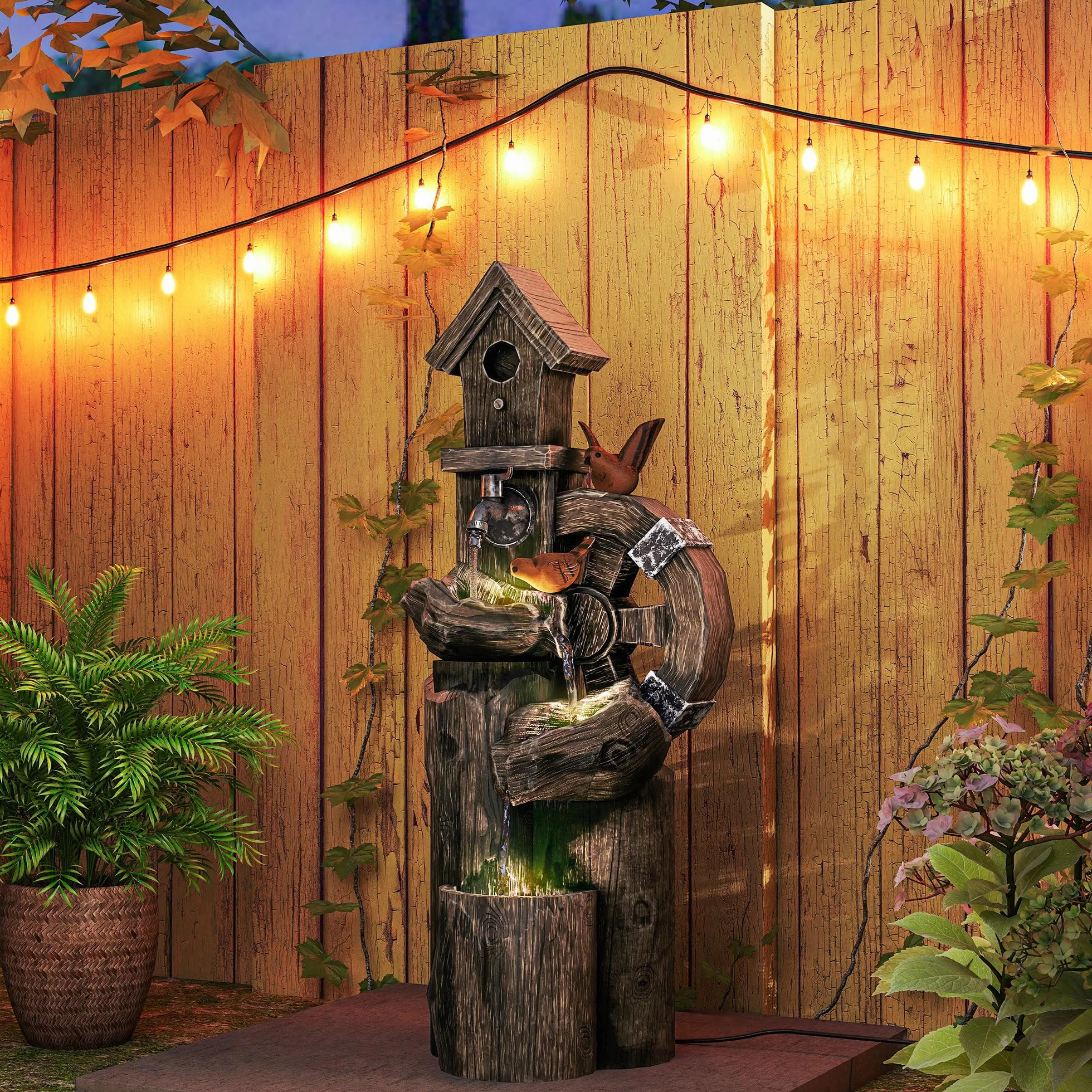 Outsunny Fuente de Agua 2 en 1 con Casita para Pájaros Fuente de Jardín con Iluminación LED Fuente Decorativa en Cascada de 4 Niveles para Jardín Patio Terraza 34,5x29,5x92 cm Multicolor