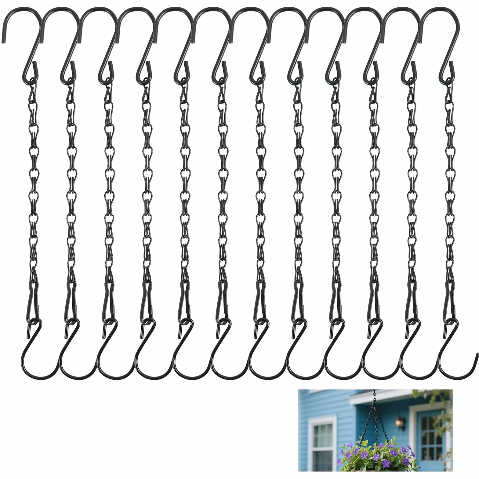 Pack de 12 Cadenas Metálicas Negras para Colgar Macetas 26,5 cm con Gancho