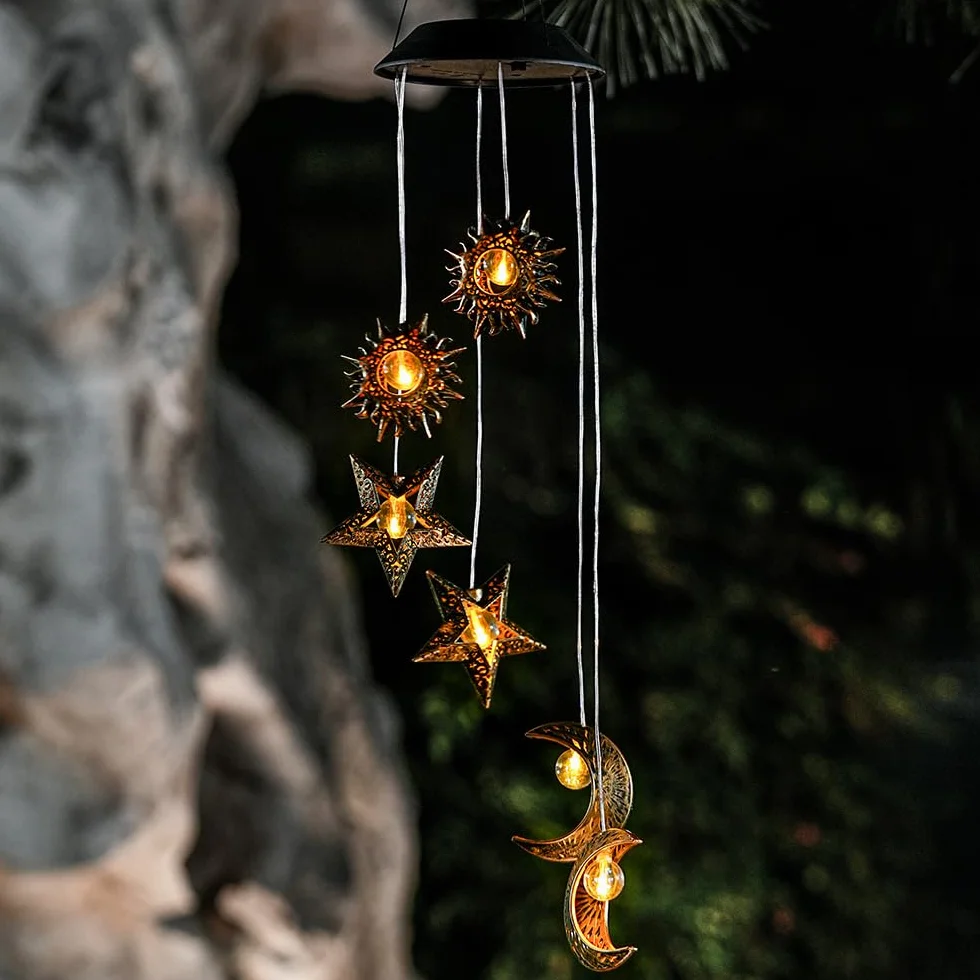 Campanas de Viento Solares LED para Exterior – Lámpara Decorativa Colgante de Jardín con Luz Solar, Sol, Luna y Estrella
