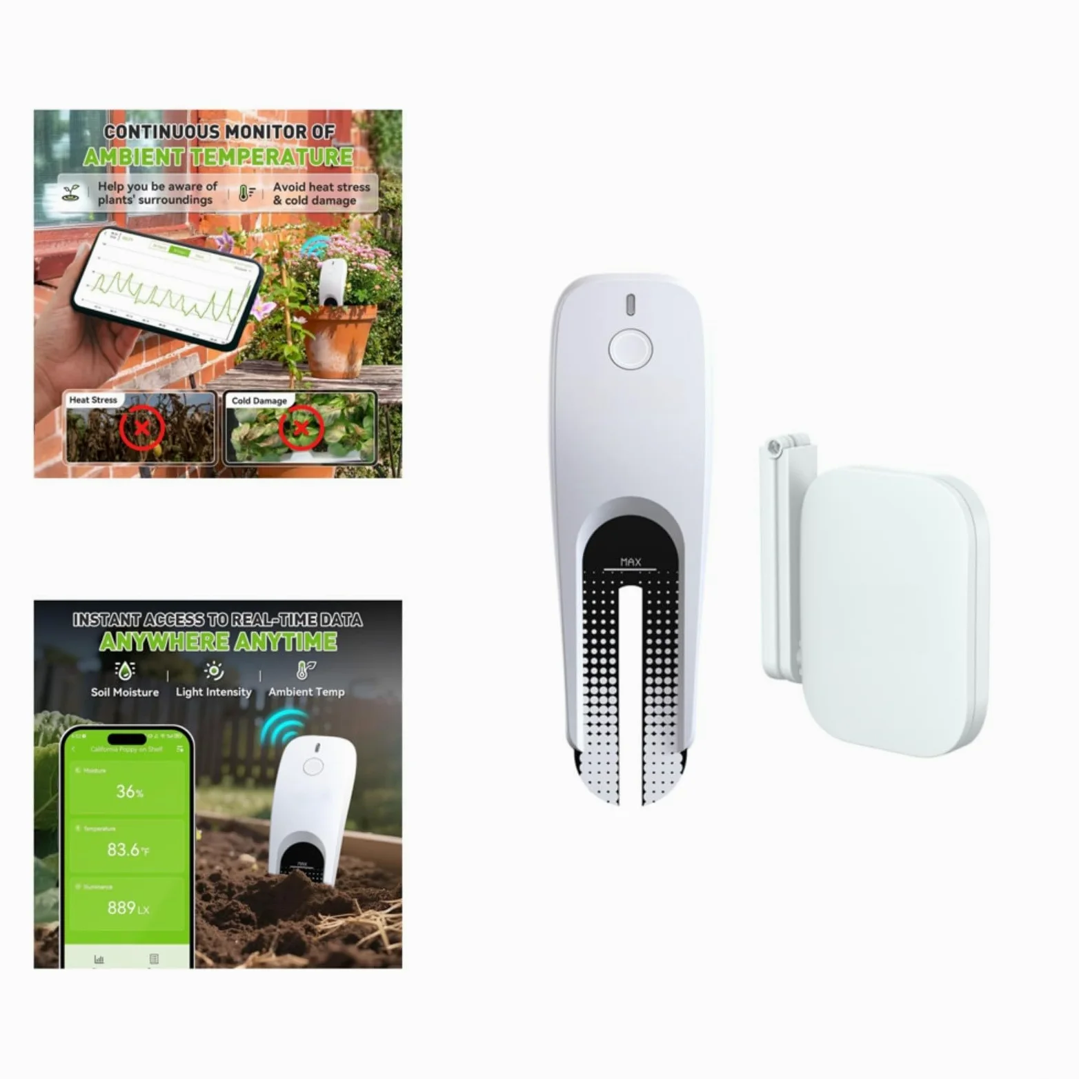 Medidor de humedad del suelo WiFi 3 en 1 con aplicación, sensor inteligente de humedad/temperatura/luz, compatible con sistemas de riego (B)