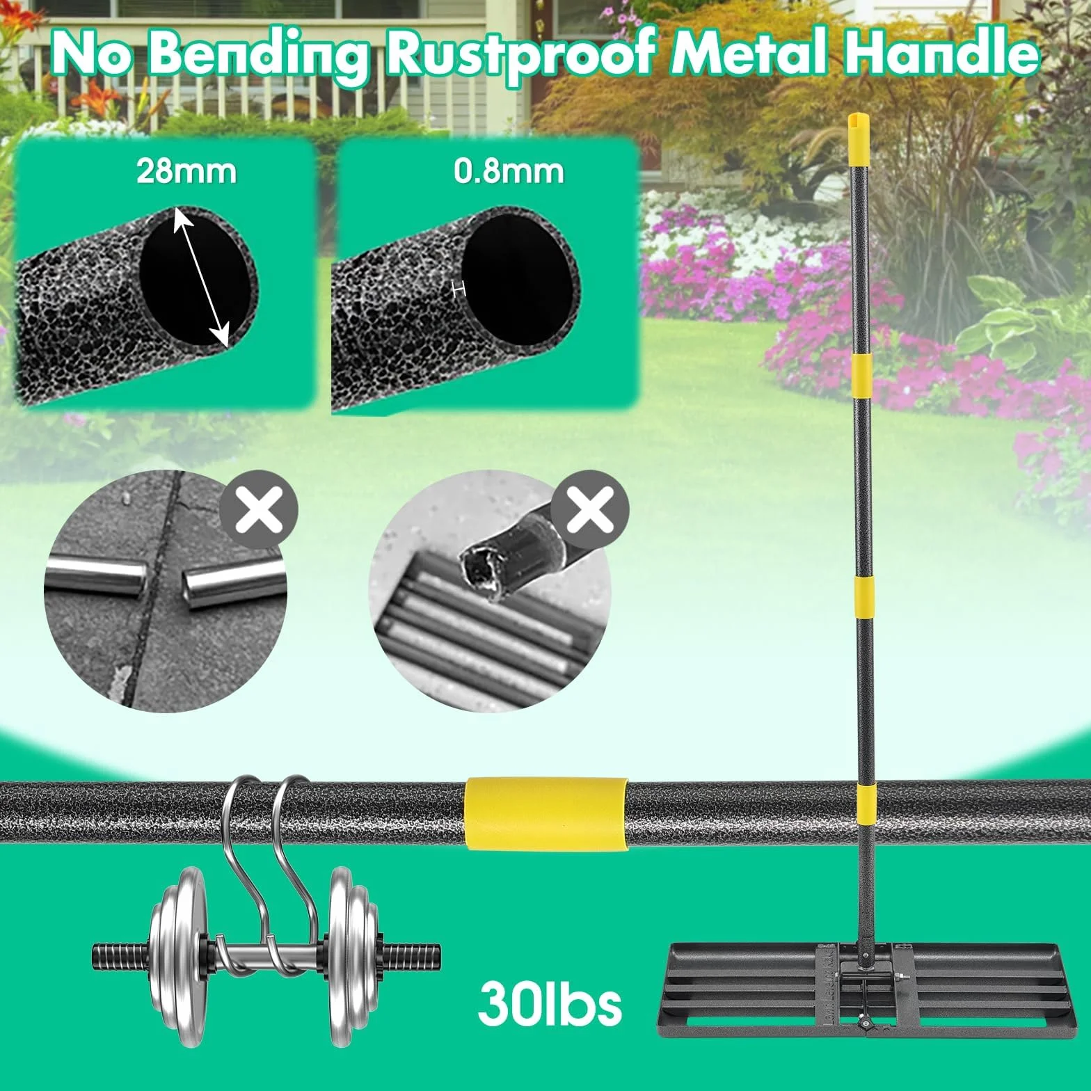 Rastrillo Nivelador de Césped de Acero Inoxidable con Mango Largo para Jardín y Golf