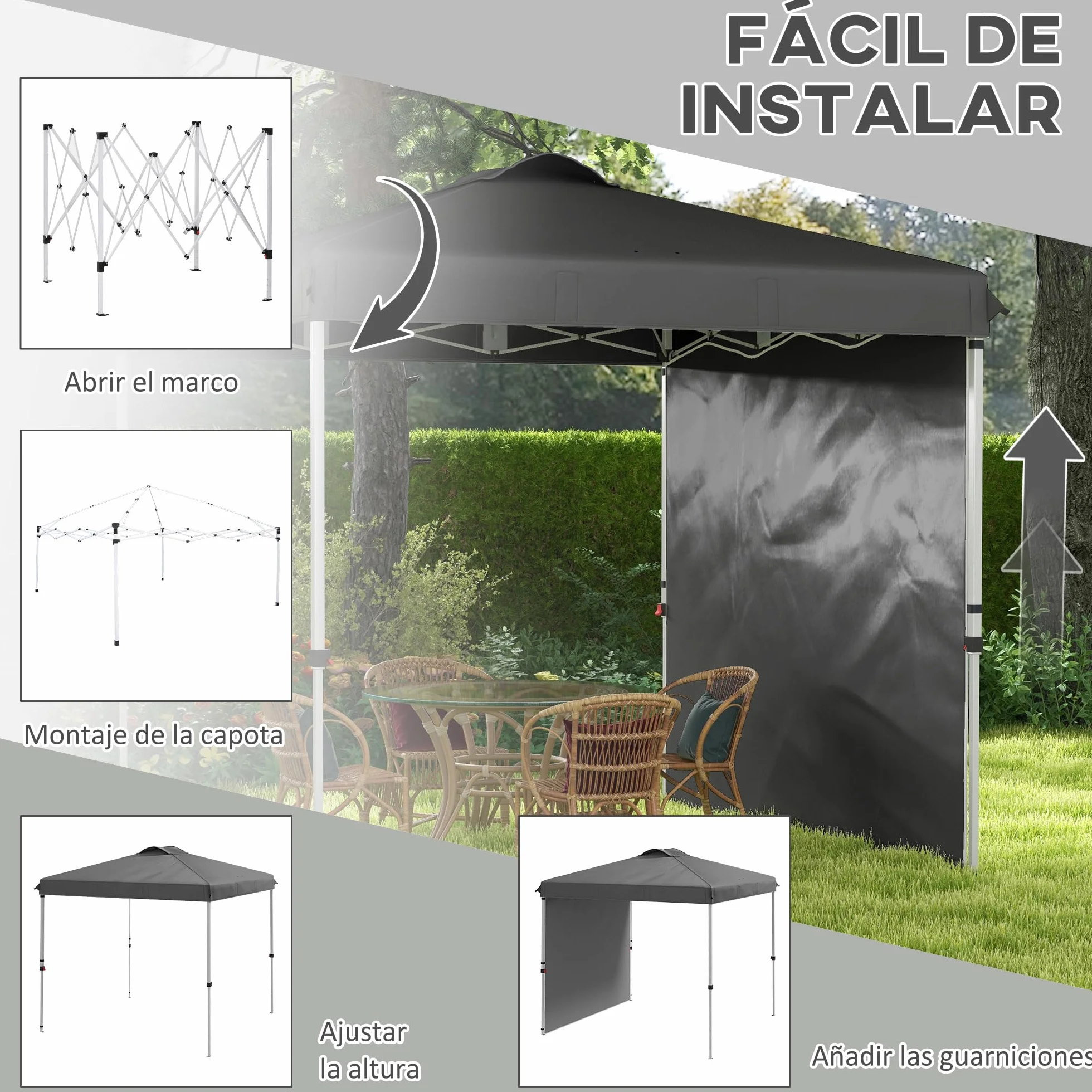 Outsunny Carpa Plegable 2,5x2,5 m Cenador de Jardín con 1 Pared Lateral Altura Ajustable en 3 Niveles Anti-UV Impermeable y Bolsa de Arena Gazebo para Exterior Camping Fiestas Gris Oscuro