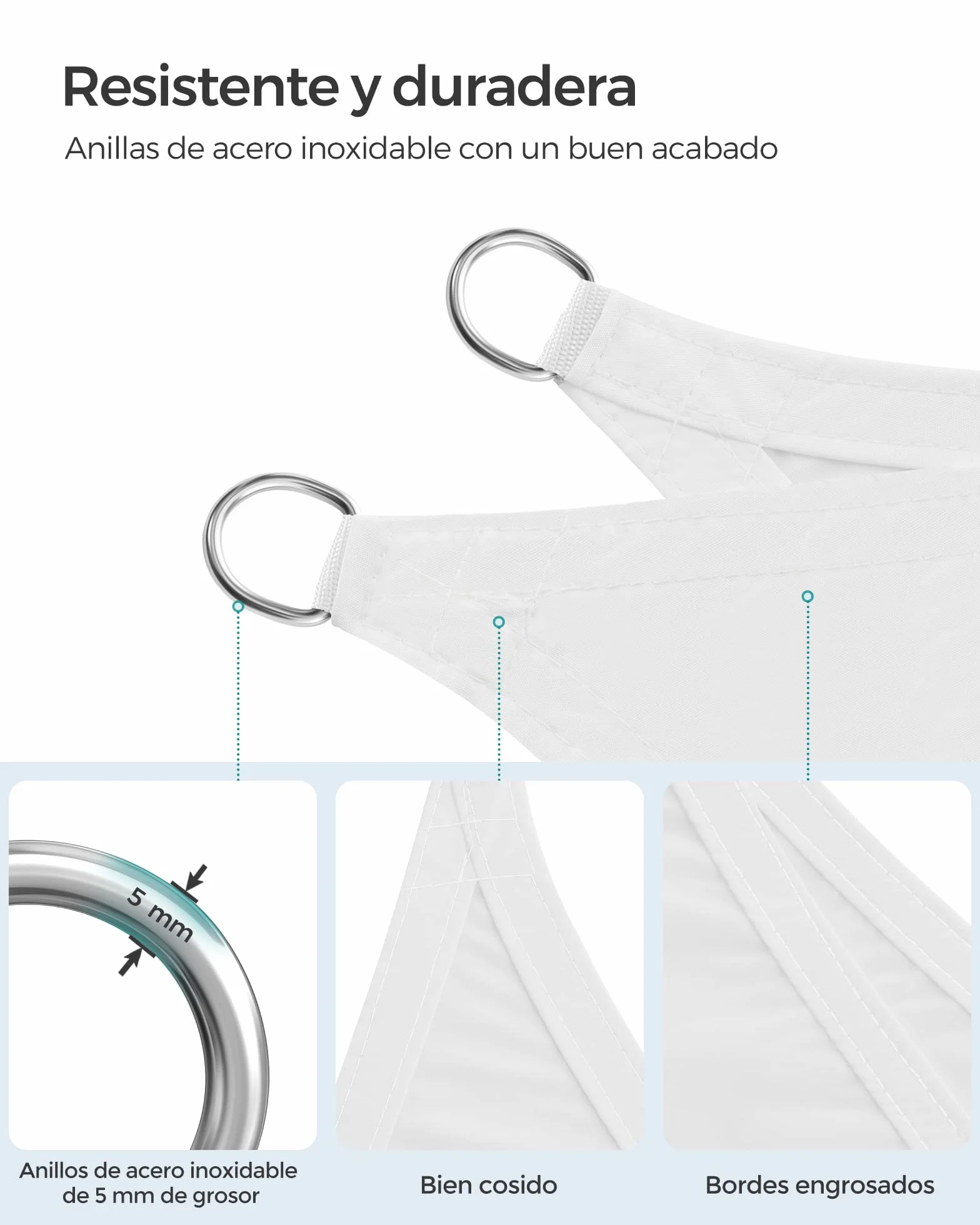 SONGMICS Vela de Sombra Impermeable 2 x 3 m, Protección Solar UV 93%, Rectangular, Blanco GSH23WT