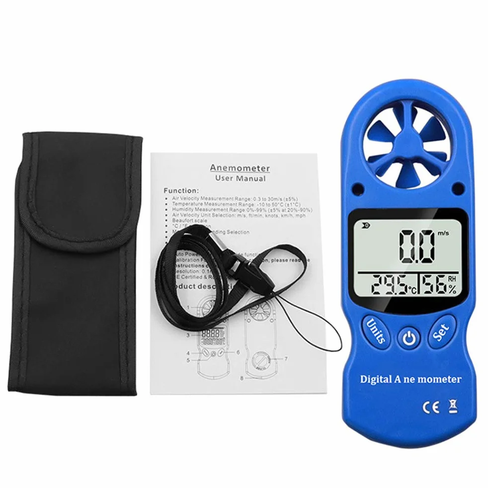 Anemómetro Portátil Digital 3 in 1, Medidor de Velocidad del Viento 0,3-30 m/s con Sensor de Temperatura y Humedad
