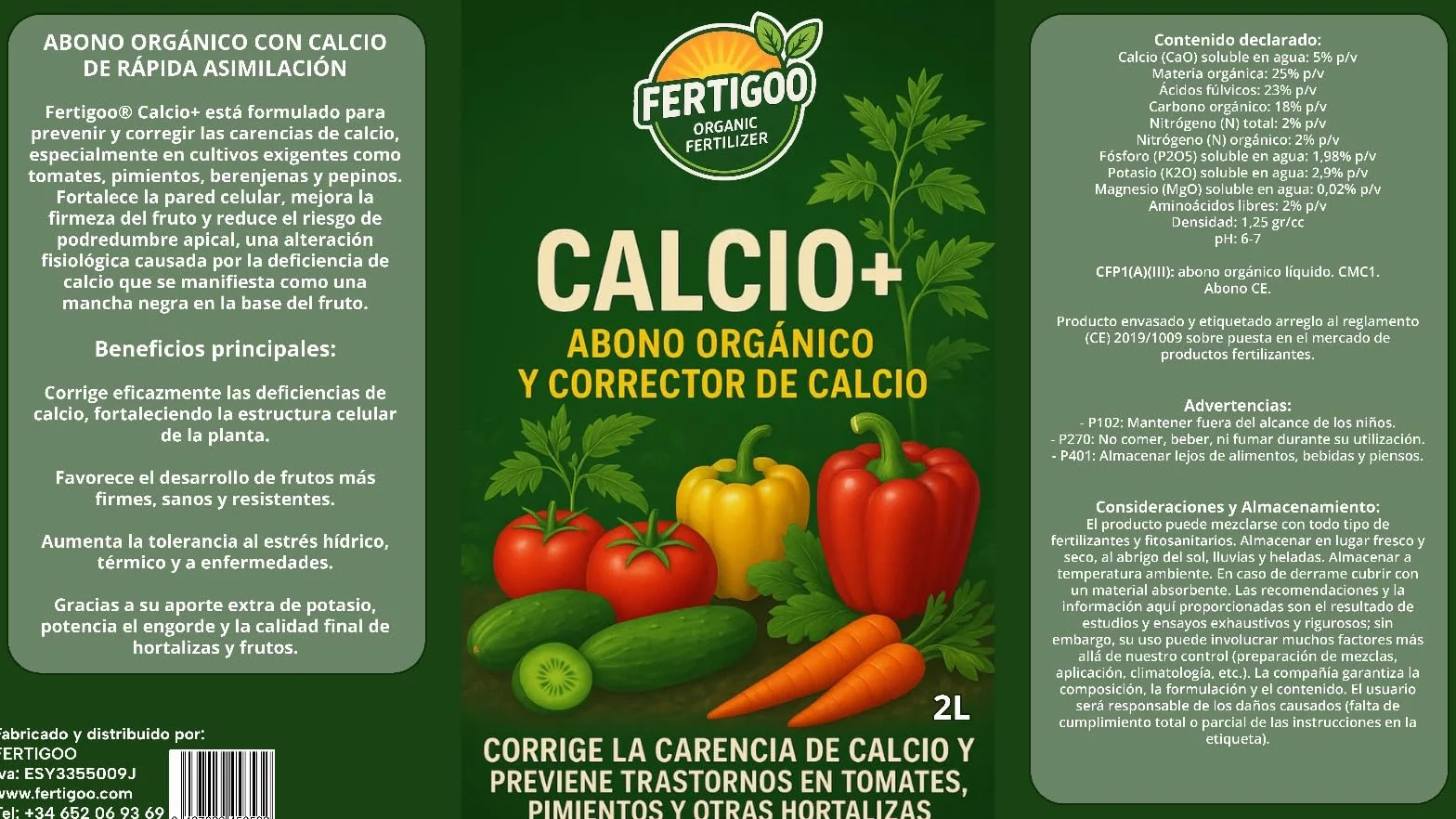 Fertigoo® 2L Abono Huerto Orgánico con Calcio Extra para Tomates, Pimientos, Melones, Fresas