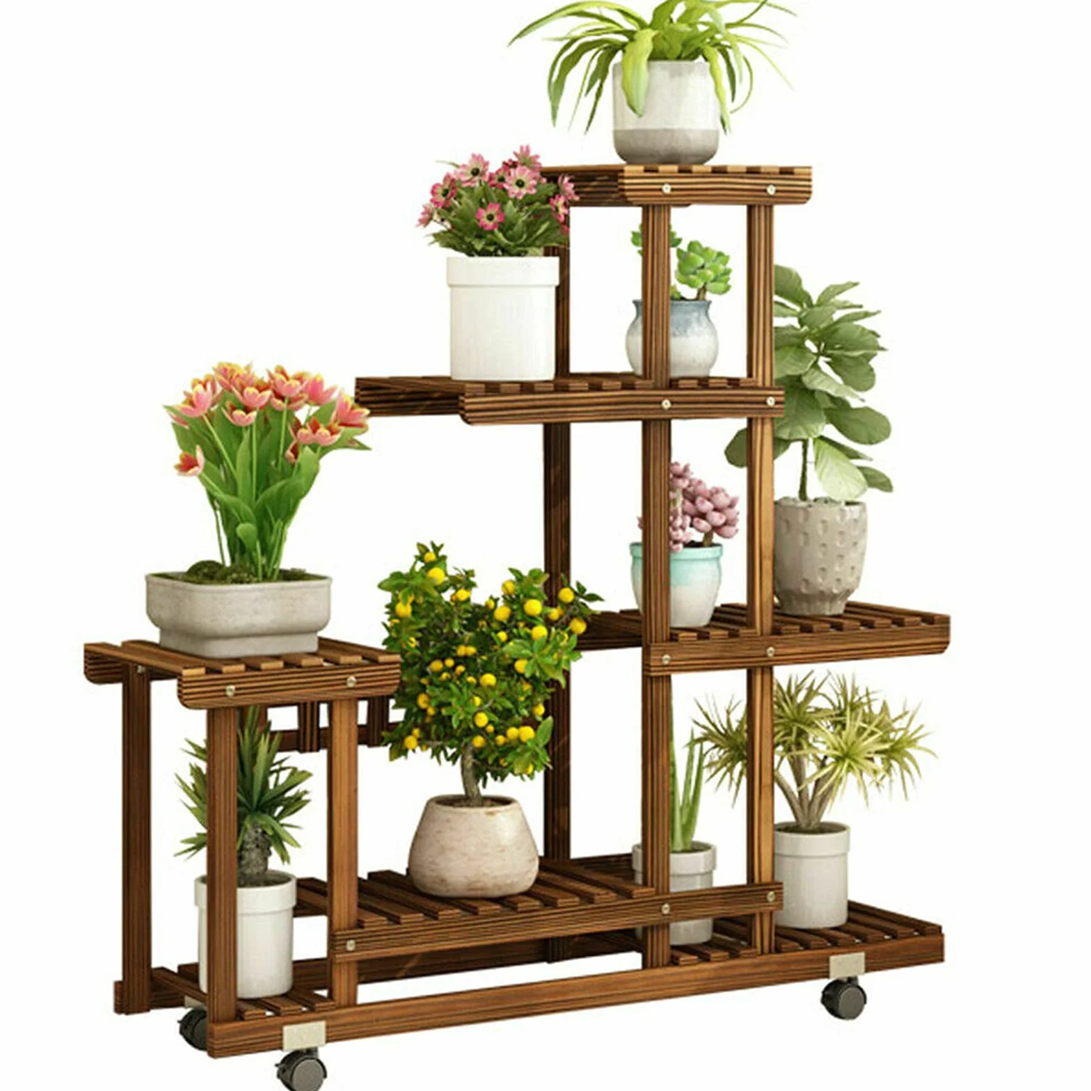unho Estanteria para Macetas Ruedas Exterior Interior, Soporte para Plantas de Madera con 6 Niveles Estante Decorativo para Macetas para Oficina Jardín Patio Balcón Salón 95 × 25 × 102cm