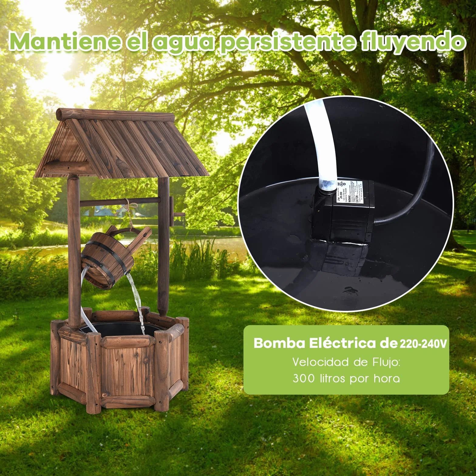 COSTWAY Fuente de Pozo de Deseos de Agua, Rústica de Madera al Aire Libre de Jardín, Decorativa de Patio Con Bomba Eléctrica