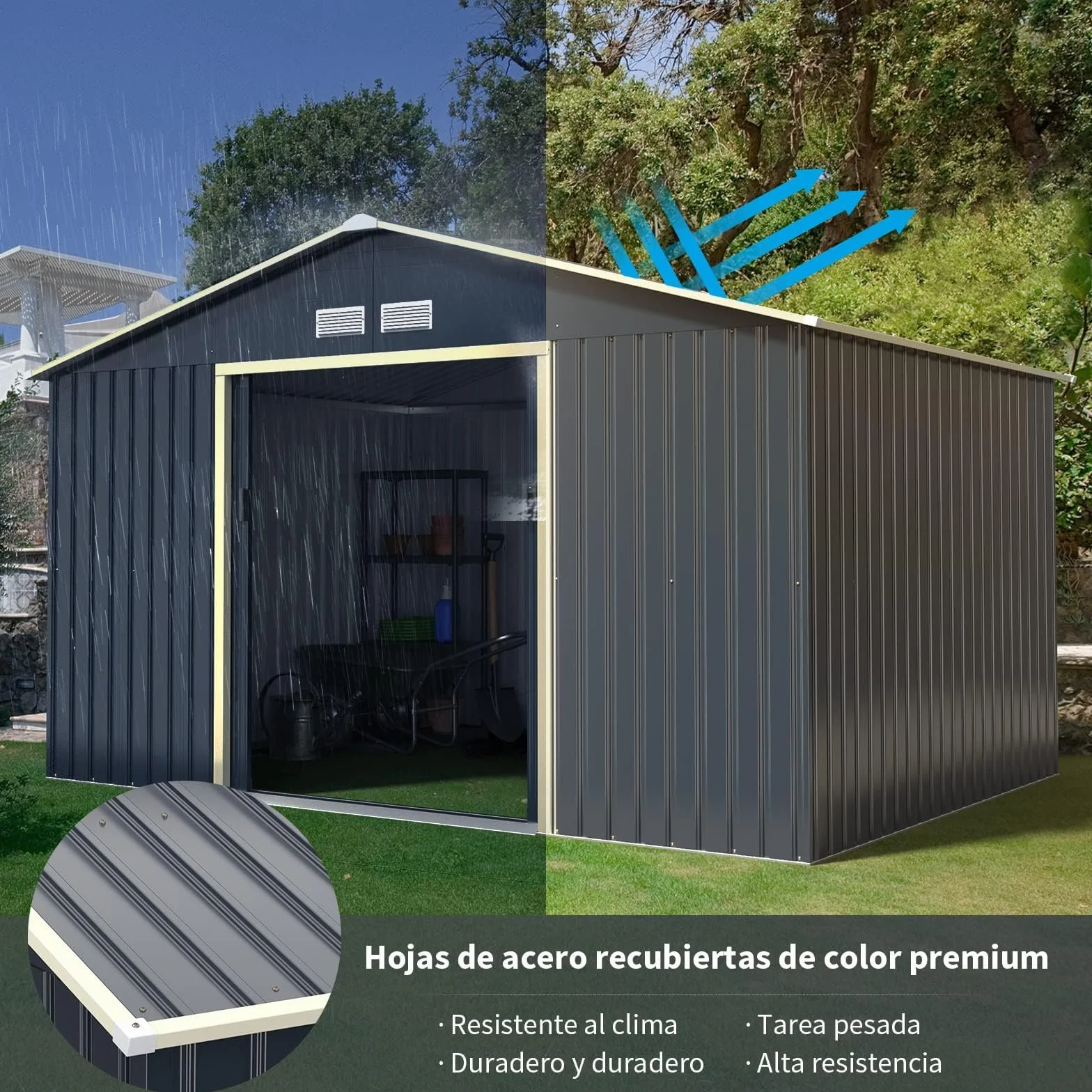 COSTWAY Cobertizo Jardin Exterior Acero Galvanizado 8.7m² 340x255x210cm 2 Puertas Correderas Antracita