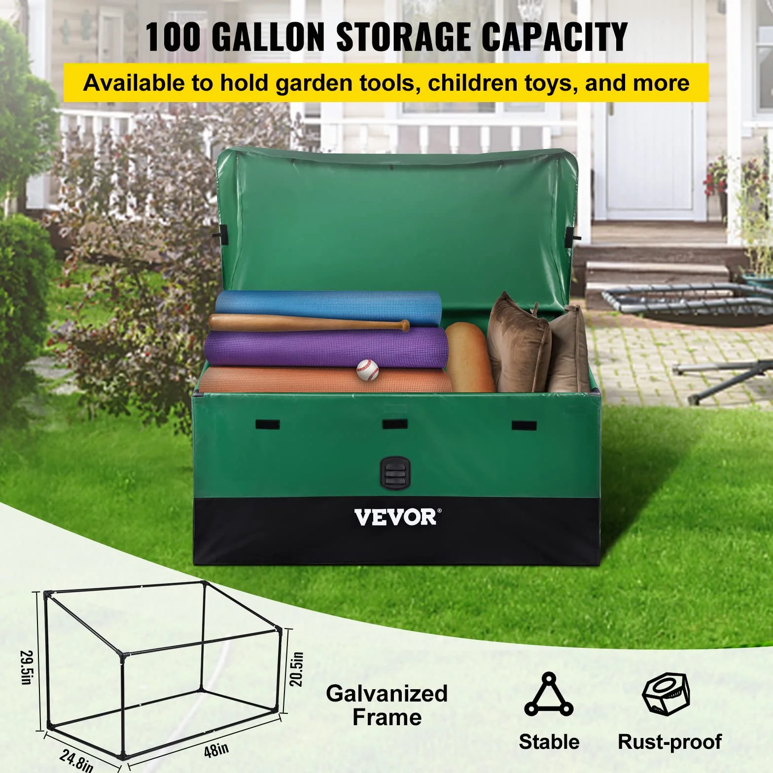 VEVOR Caja de Almacenamiento Exteriores 100 Galones Arcón Jardín Tela Lona PE Portátil 122x63x75x52 cm Verde