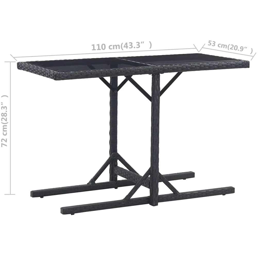Mesa de jardín de ratán de polietileno, color negro, 110 x 53 x 72 cm, con placa de cristal, marco de acero estable, ratán sintético resistente al agua, para terraza y jardín