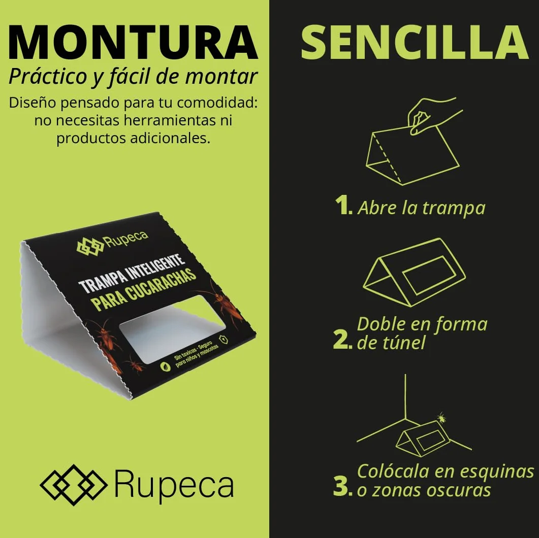 RUPECA Trampas Adhesivas para Cucarachas Sin Tóxicos – Control de Plagas Seguro para el Hogar – Trampa Anti Cucarachas Interior Discreta y Duradera