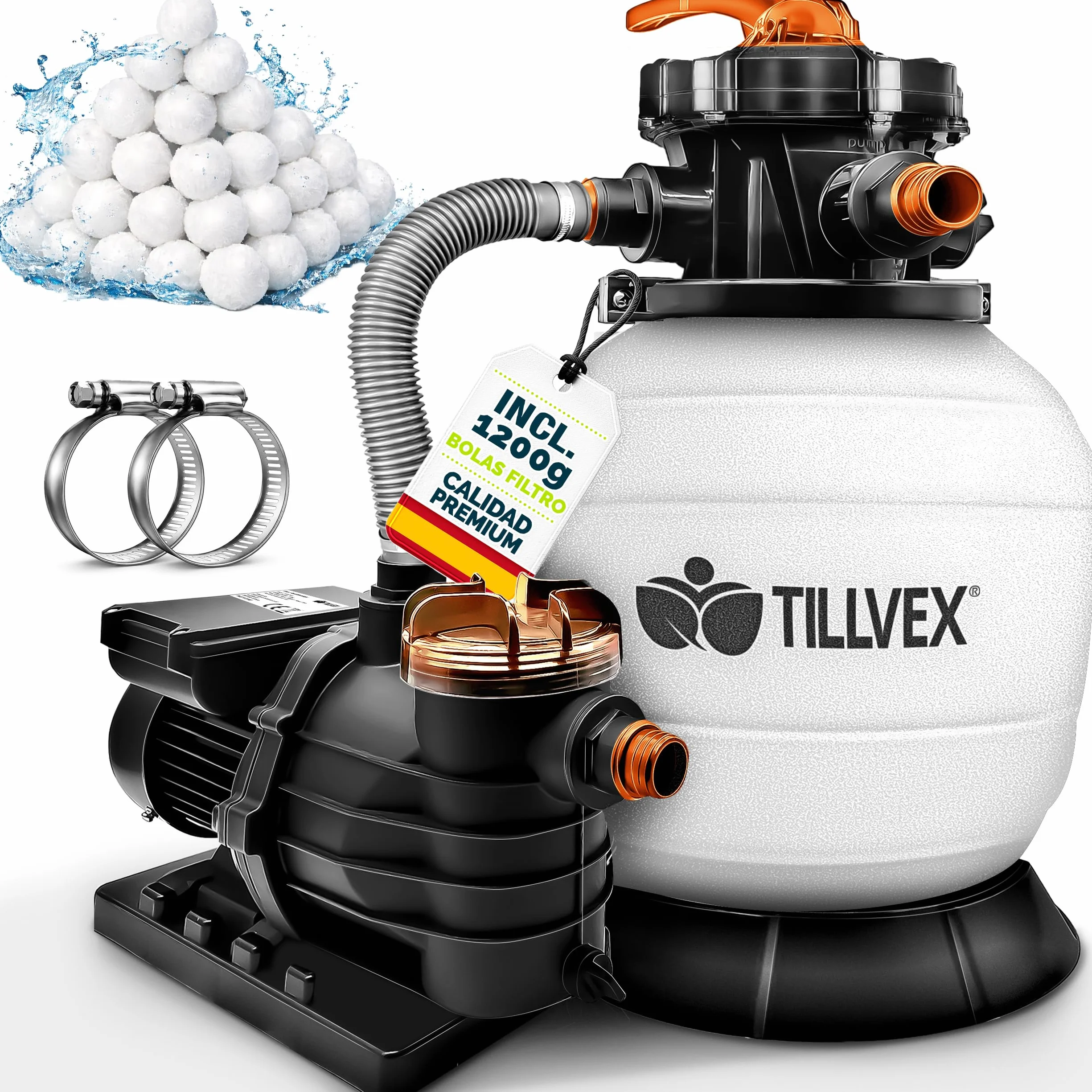Tillvex Depuradora de Agua para Piscina 13.200L/h 40.000L Bomba de Filtro de Arena 7 Funciones Válvula