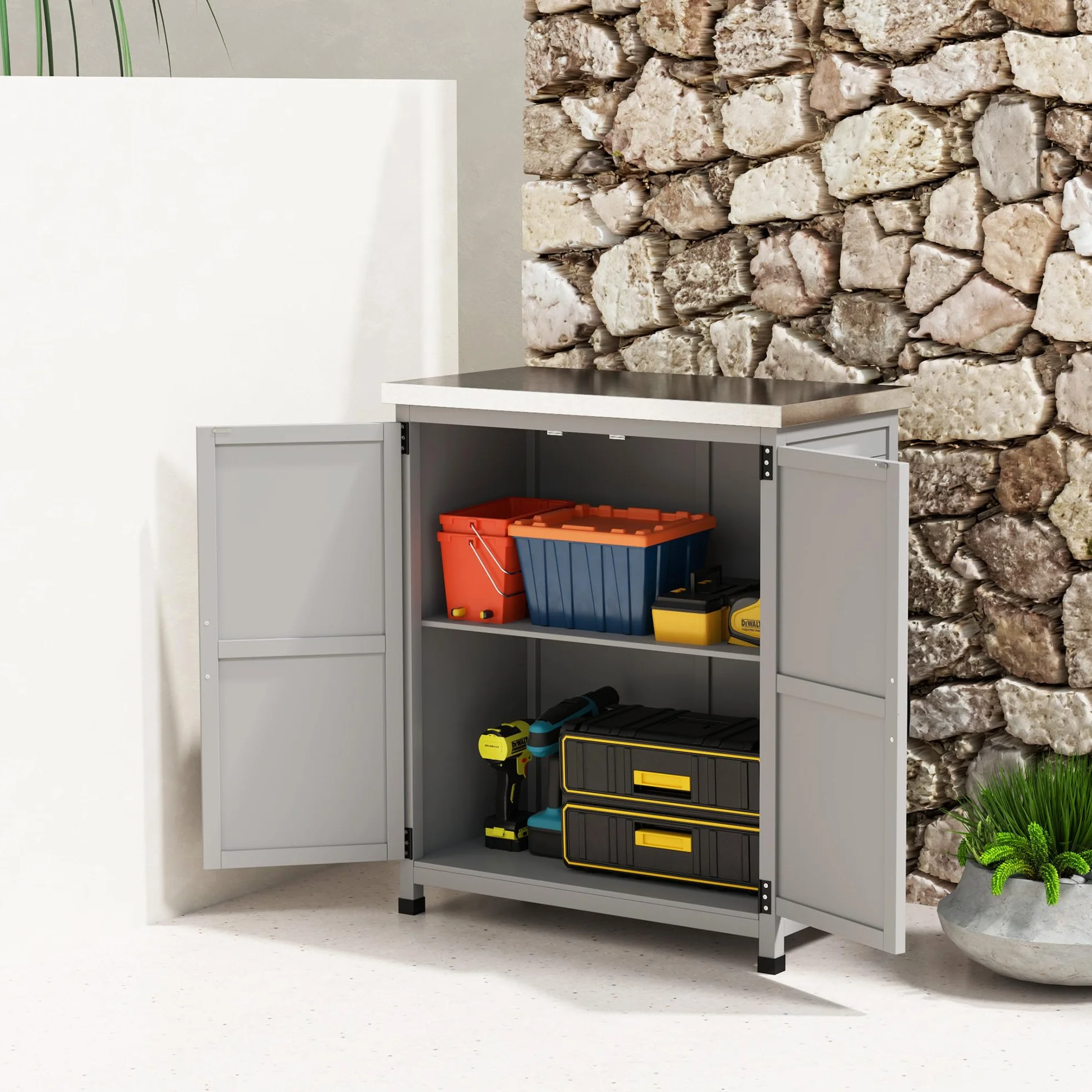 Outsunny Armario Exterior Madera Caseta Jardín Techo Acero Galvanizado 2 Puertas Almacenamiento Herramientas 79x43x92 cm Gris