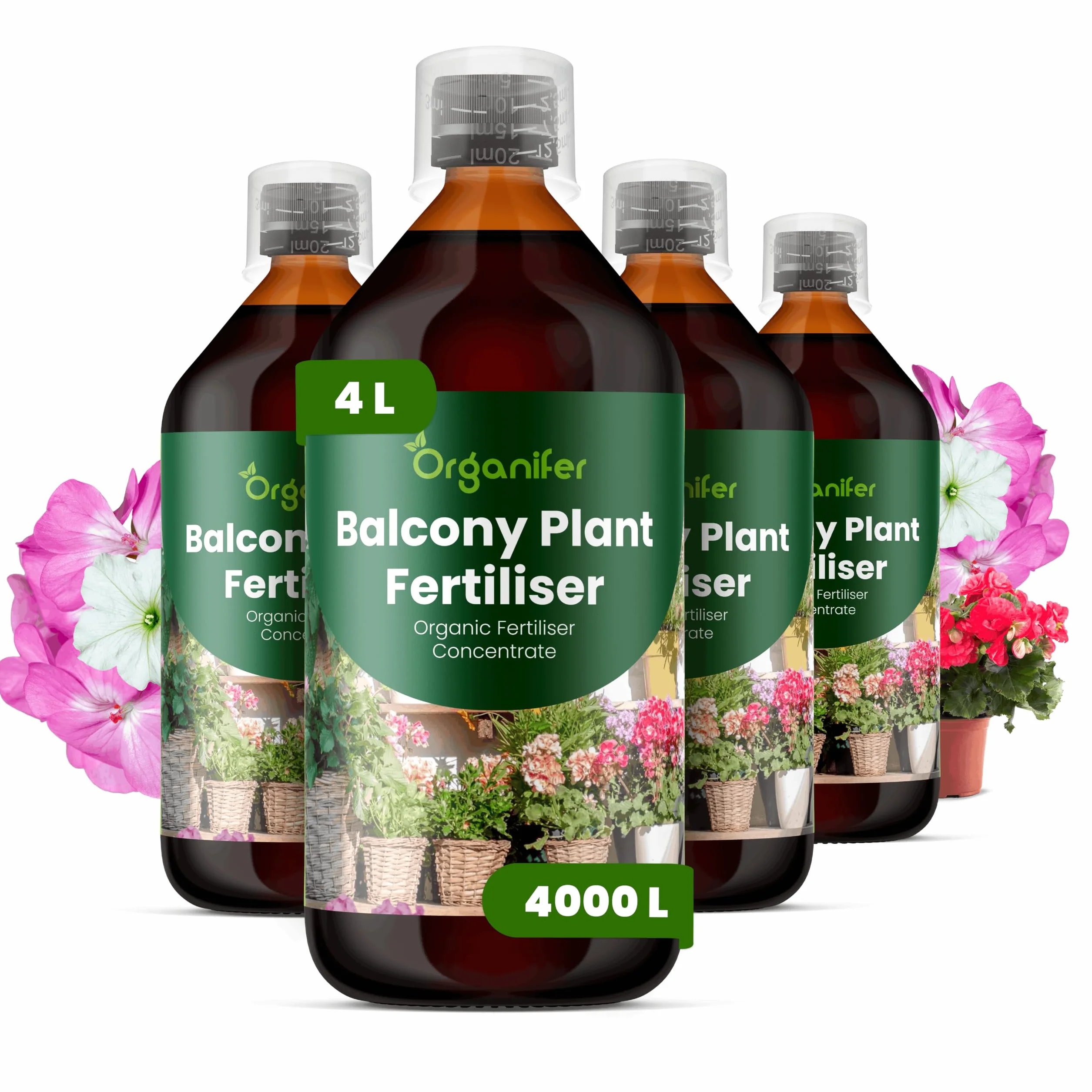 Fertilizante Líquido Para Plantas De Balcón - 4x1L - NPK 2-1-8 | Fertilizante Para Floración Abundante Y Hojas Sanas - Favorece Raíces Y Vitalidad - Organifer