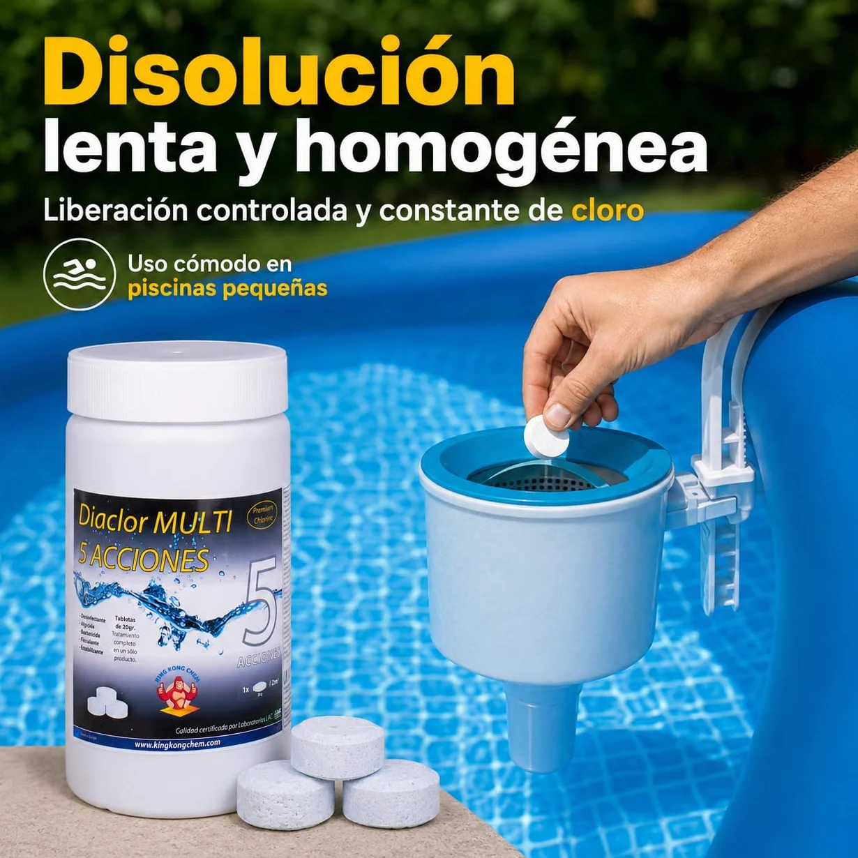 Pastillas de Cloro 5 Acciones Diaclor Mini Piscinas 1 kg Sin Cobre