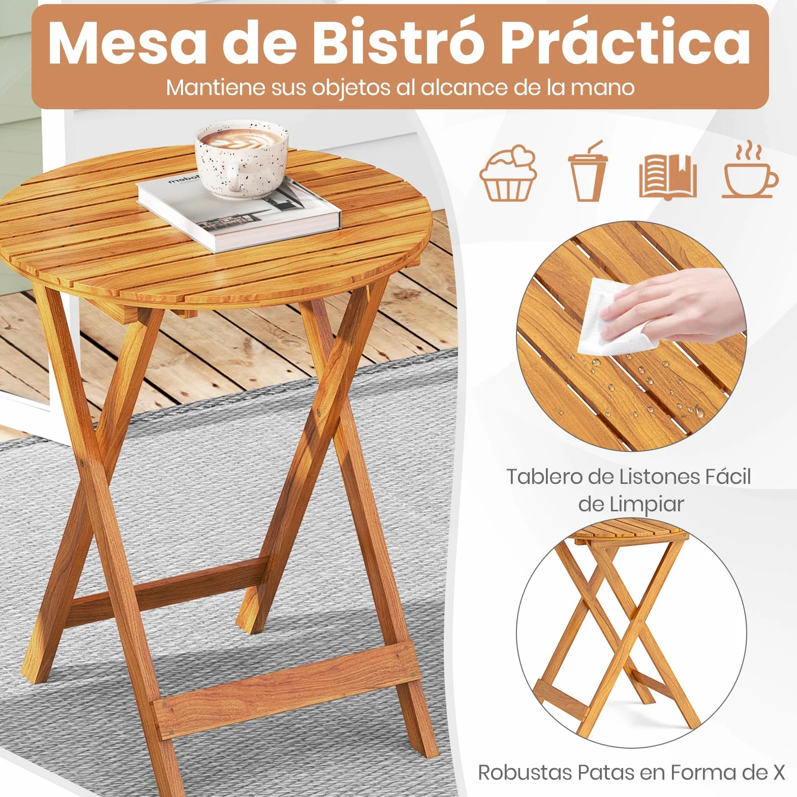 GIANTEX Set de Bistró Plegable 3 Piezas, Mesa y Sillas Terraza Madera Acacia con Cojines Removibles, Muebles Exterior Beige