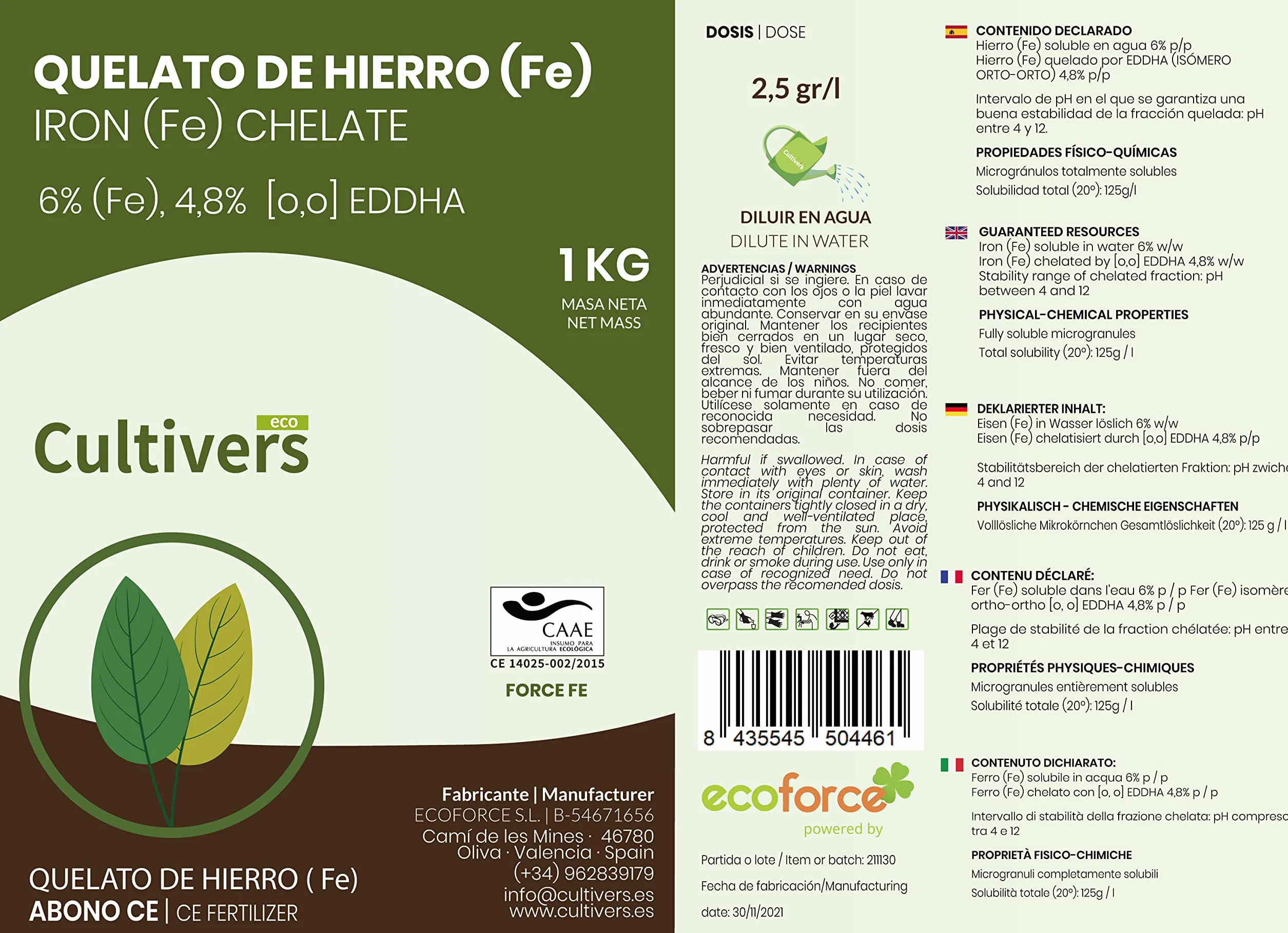 CULTIVERS Quelato de Hierro Ecológico 1 kg | Abono soluble con Hierro Fe-EDDHA 6% (orto-orto 4,8%)