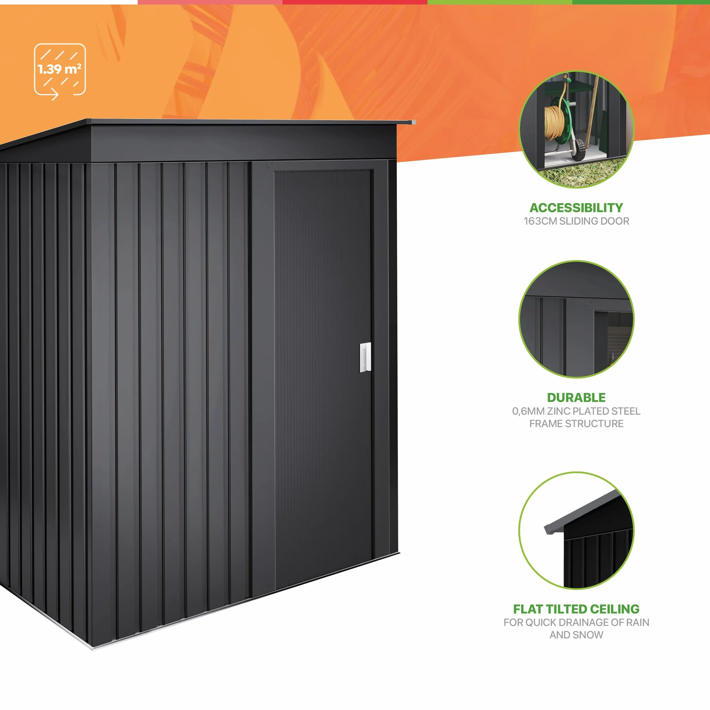 Armario Exterior Terraza 1,39m2 Neat Antracita Puerta Corredera 162x86x181cm Caseta Jardín Cobertizo Almacenamiento