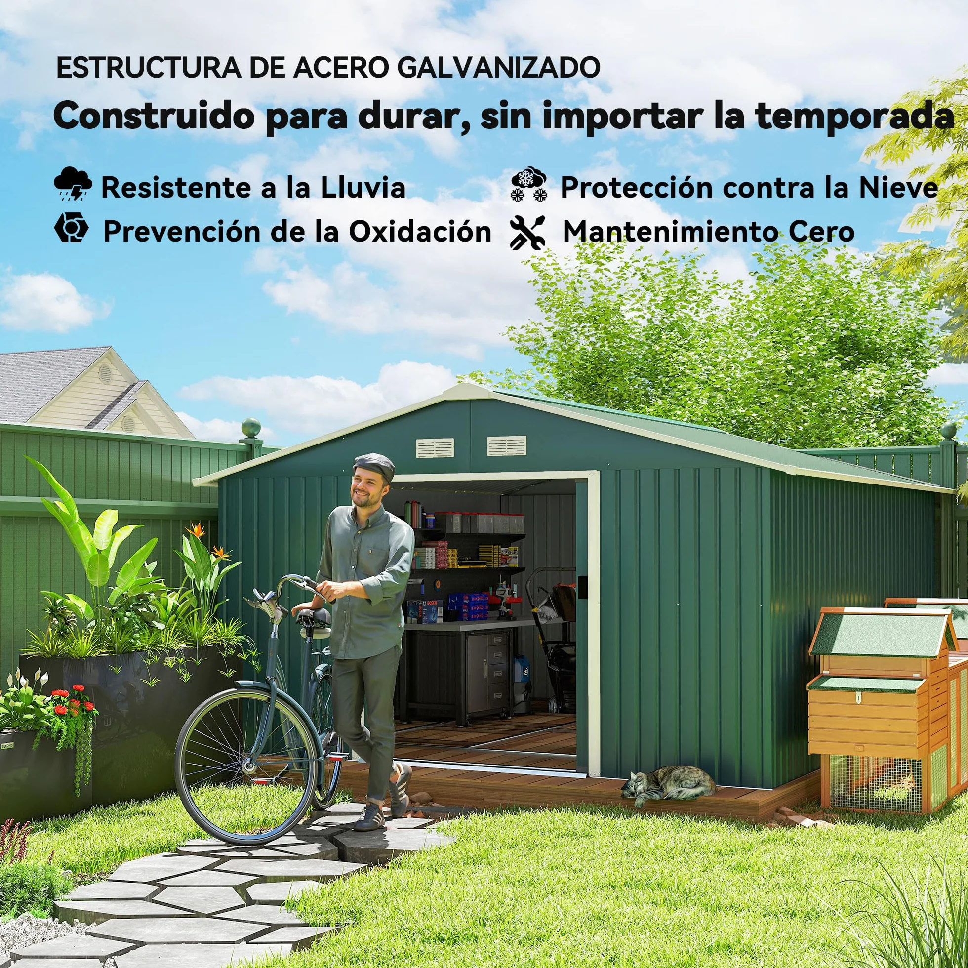 Outsunny Caseta de Jardín Exterior 12,4 m² 340x386x200 cm Cobertizo Metálico con Puertas Dobles y Cerradura Verde