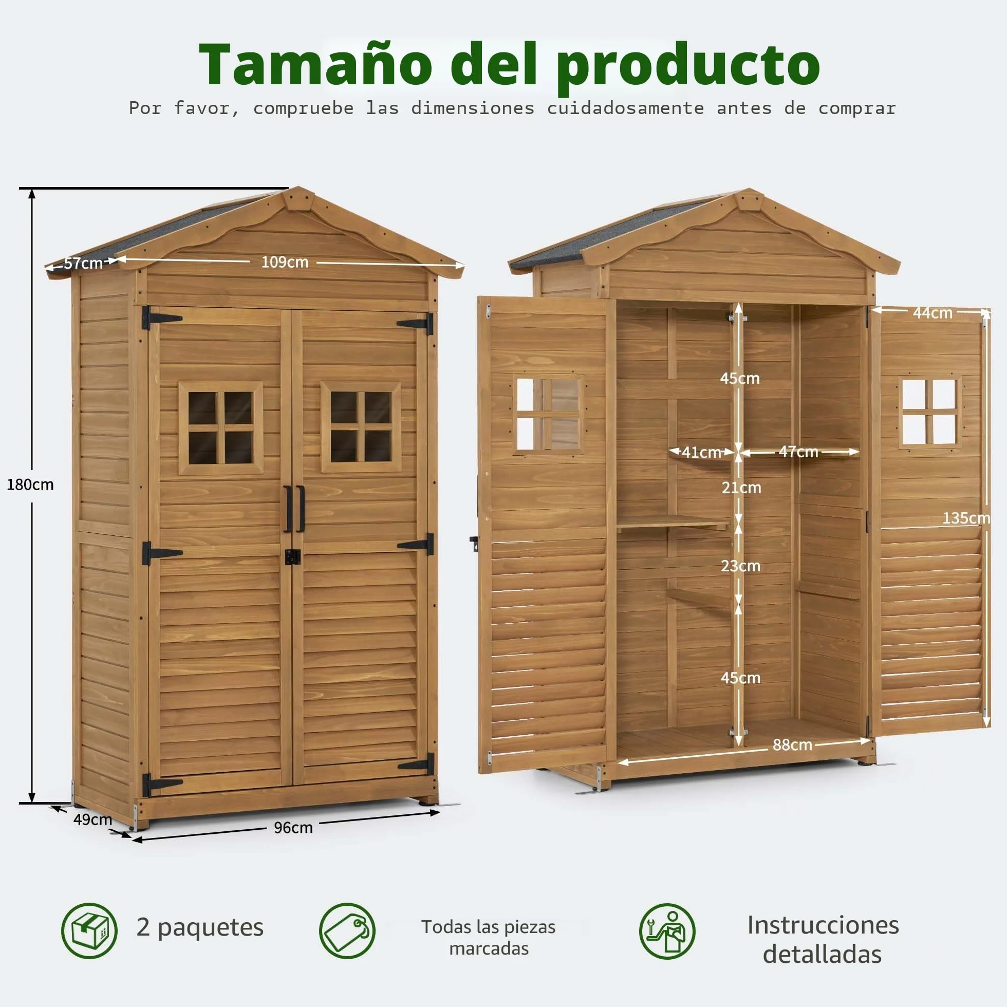 M MCombo Armario de jardín Cobertizo de Madera Resistente a la Intemperie 57x109x180 cm Herramientas Exterior