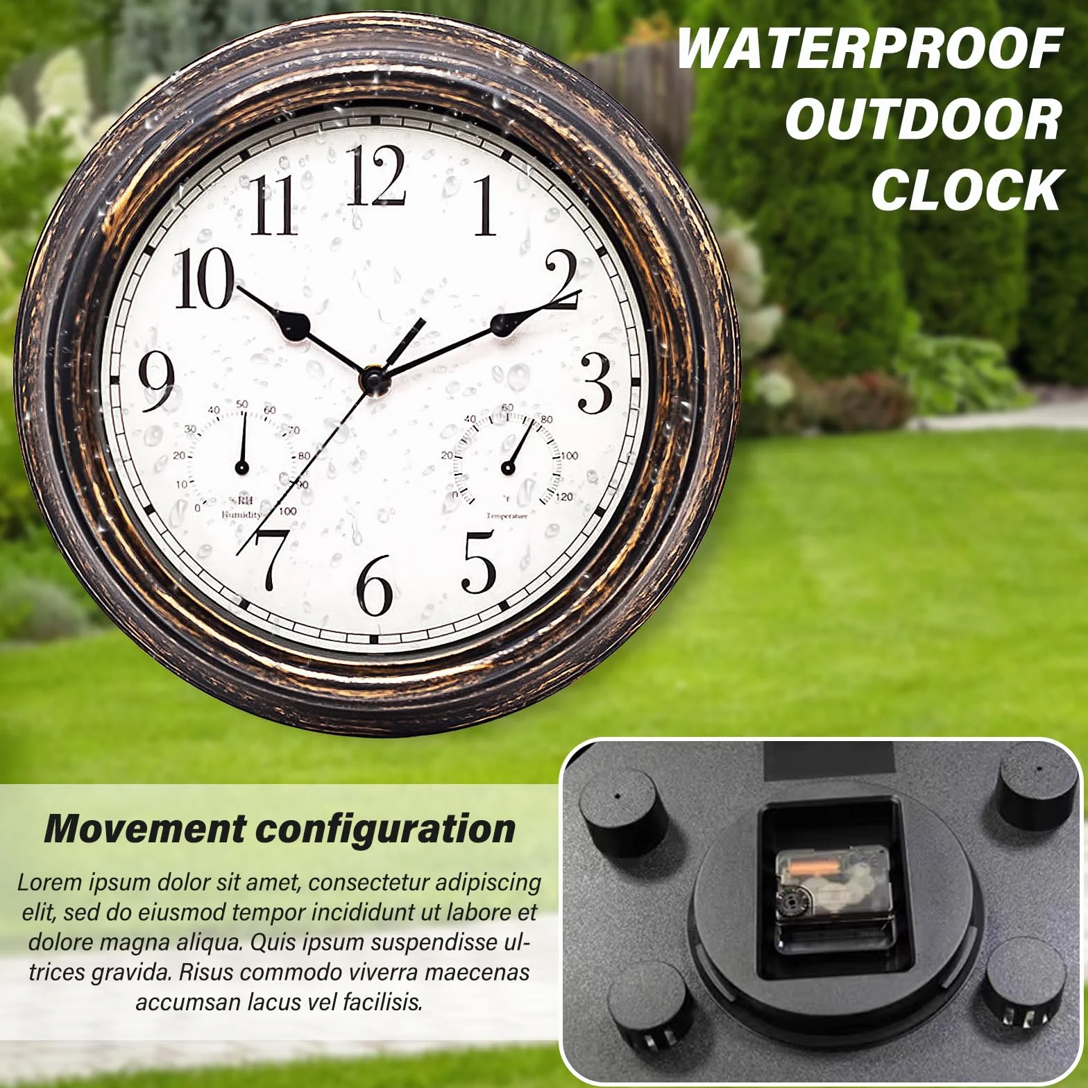 SUNOYA Reloj de jardín exterior 30 cm resistente al agua termómetro higrómetro reloj de pared retro