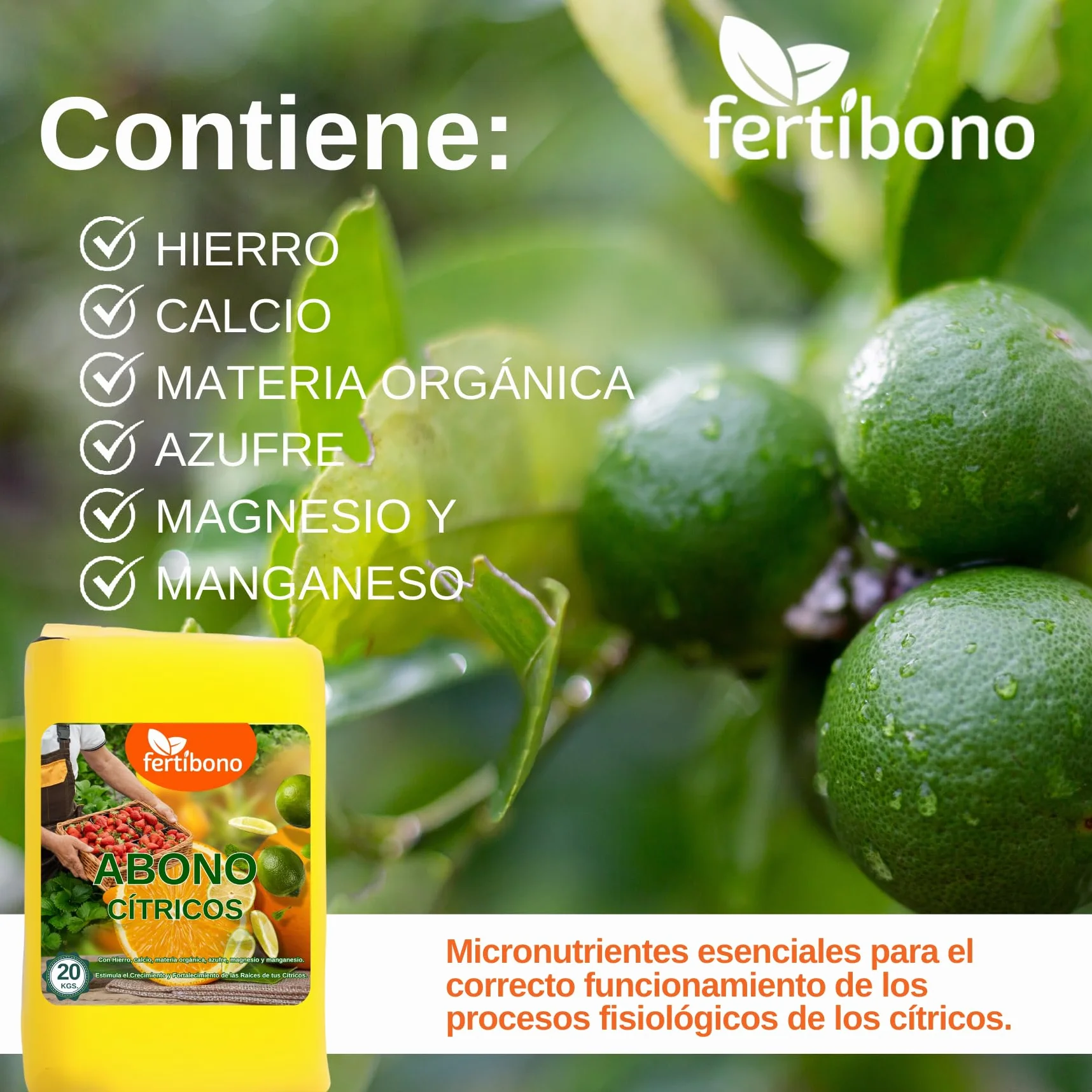 FERTIBONO Abono Cítricos 20-5-11 20Kg con Hierro Calcio Azufre Magnesio Manganeso