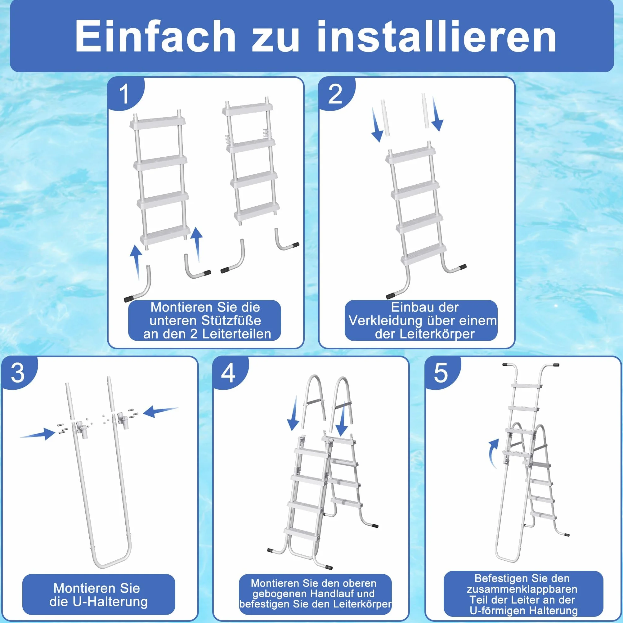 Escalera de piscina metálica 4 peldaños 130 cm 150 kg gris