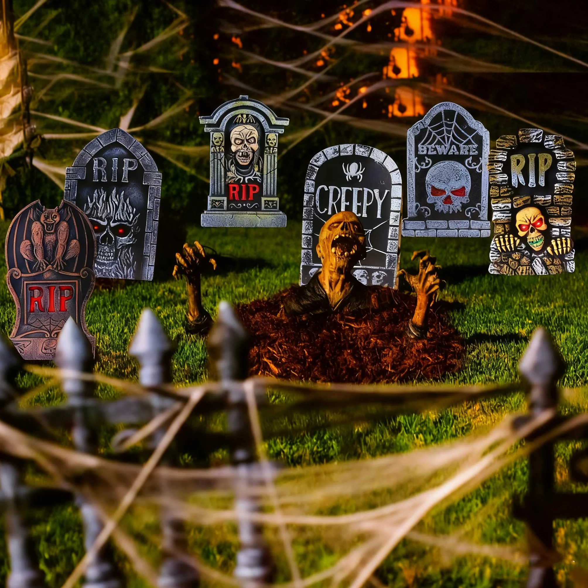 Decoración Lápidas Halloween con Luces LED 6 Unidades Plástico Gris 12 Estacas Jardín Cementerio Tiras Luz Azules Verdes 3 Modos
