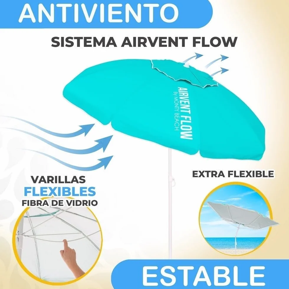 LOLAhome Sombrilla Playa 220 cm protección UV+50 antiviento Varillas Flexibles Fibra