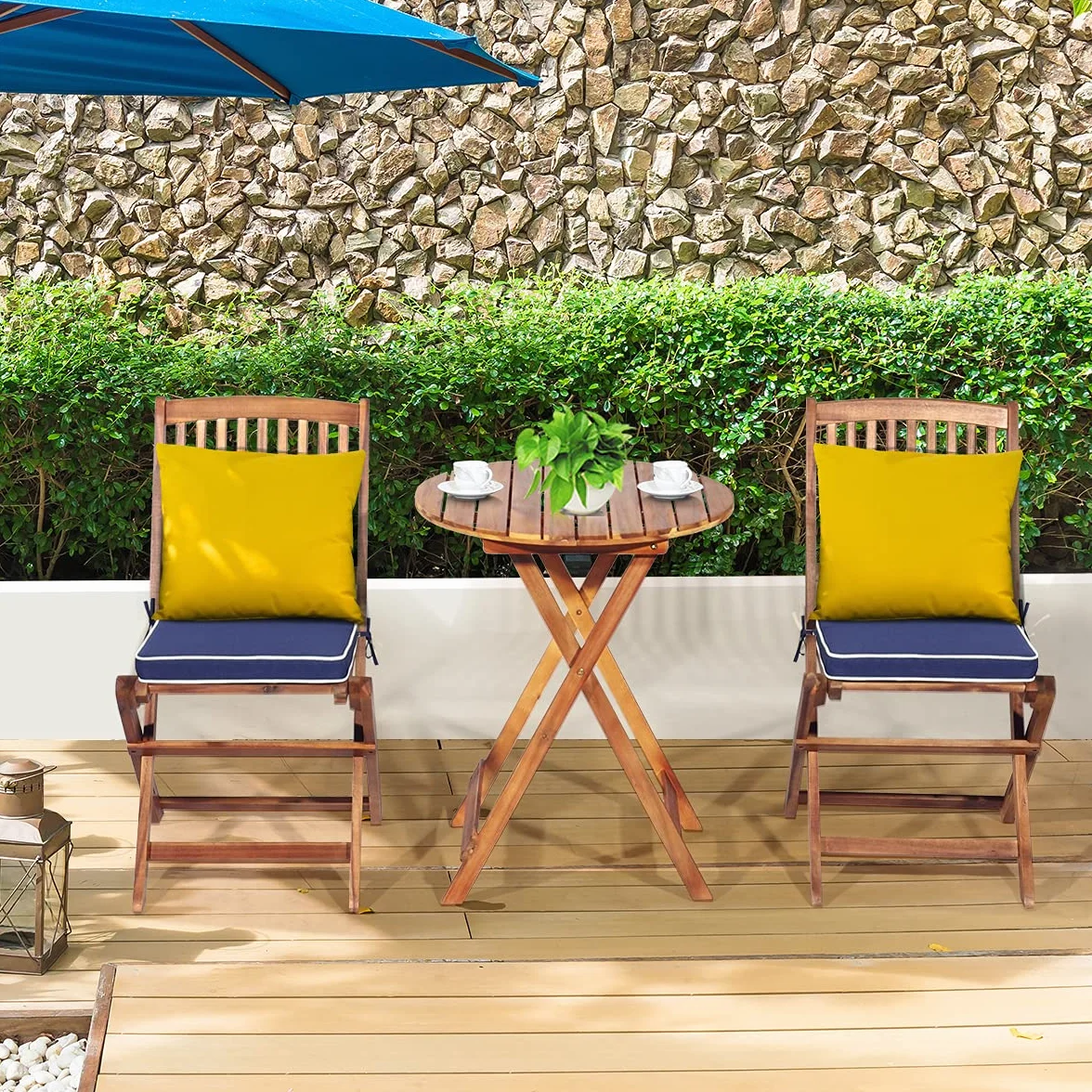 COSTWAY Juego de Mesa y 2 Sillas para Jardín Mueble de Madera Mesa Redonda Plegable Azul