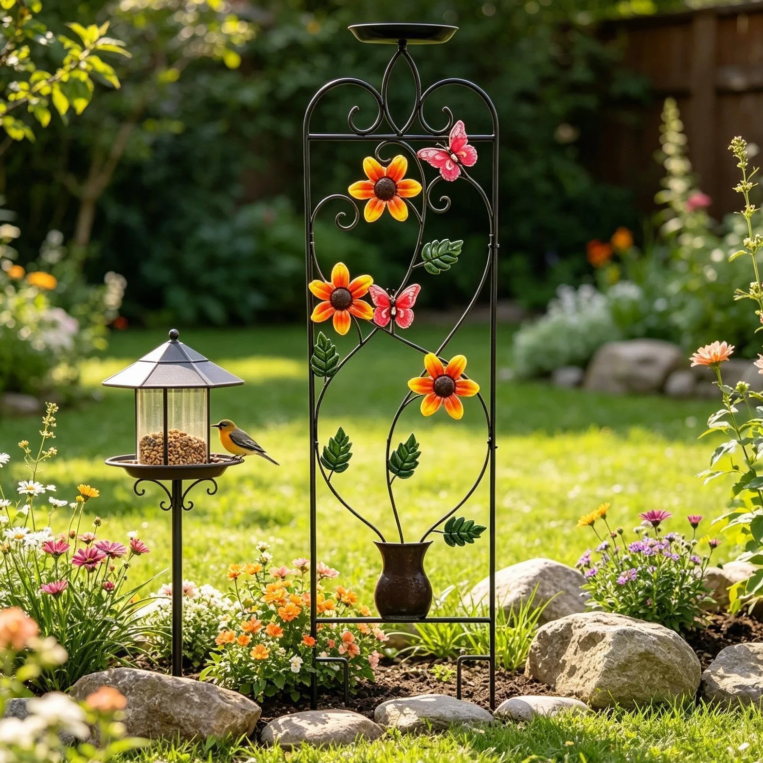 Enrejado de Jardín Soporte metálico resistente a la intemperie | Enrejado Alto con Bebedero para Aves para Rosas Trepadoras, Enredaderas, Hortalizas, Bancal Elevado, Patio, Jardín, Balcón,
