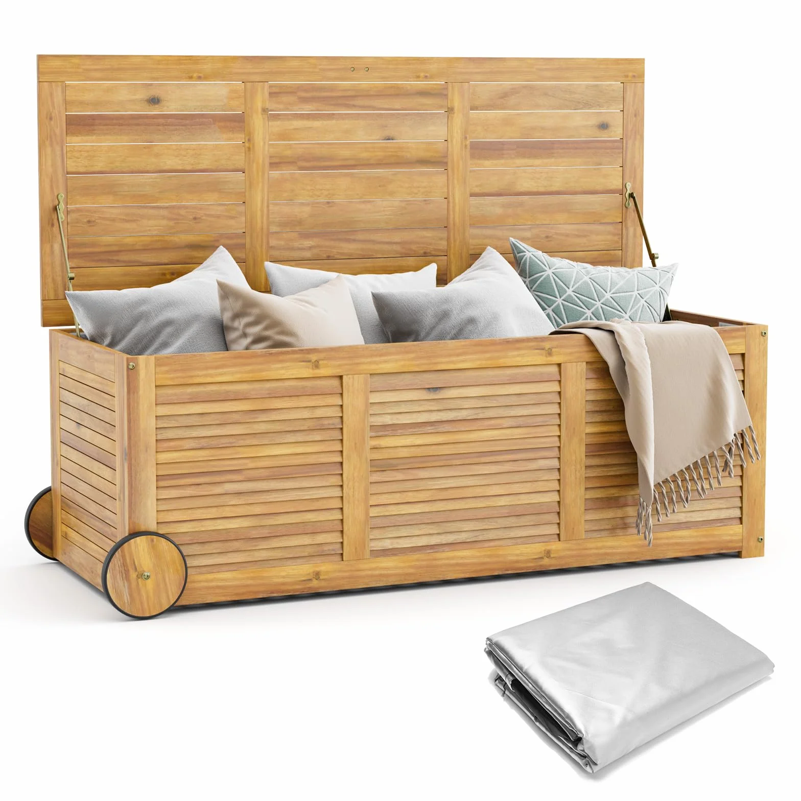 HOMASIS Baúl de jardín 182 l con ruedas madera de acacia impermeable 150 kg carga