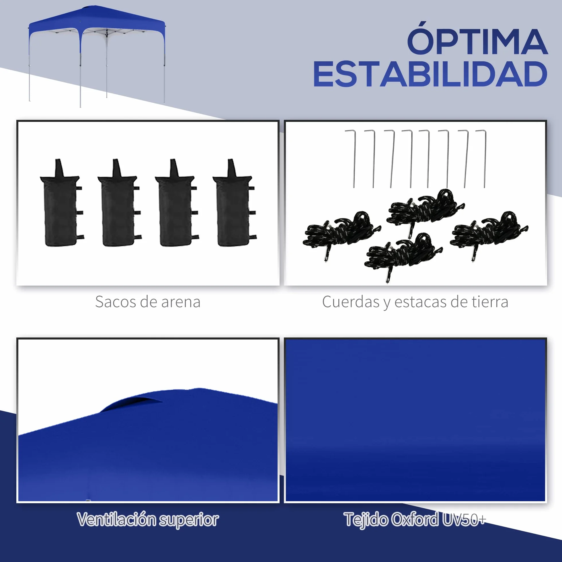 Outsunny Cenador Plegable Pop-UP 2,5x2,5x2,68 m Carpa de Jardín Protección UV 50+ Ajustable en Altura con 4 Bolsas de Arena y Bolsa de Transporte para Camping Fiestas Patio Azul