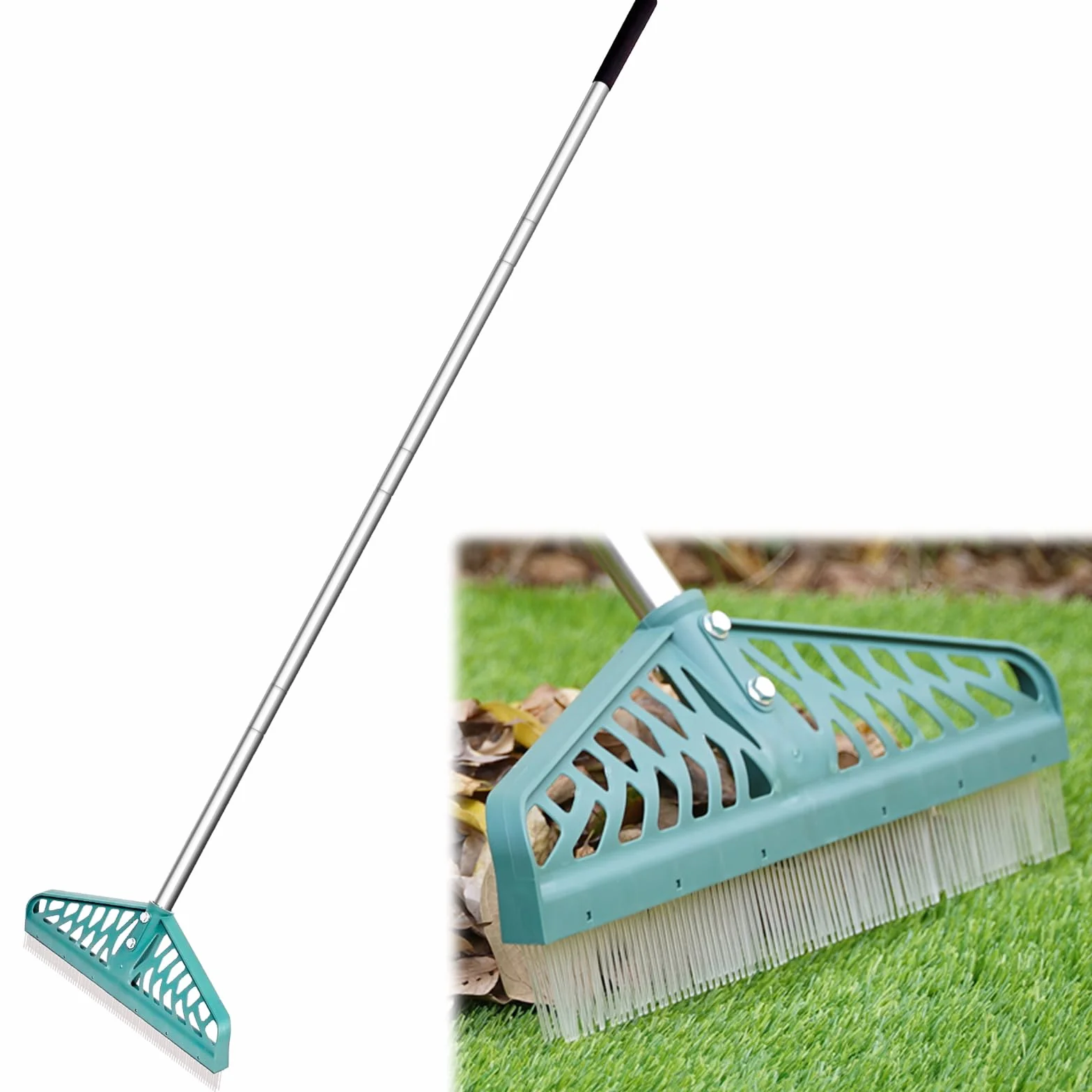 YEELOR Rastrillo de césped artificial con mango de acero ajustable 32-61 pulgadas para limpiar pelo de mascotas y hojas