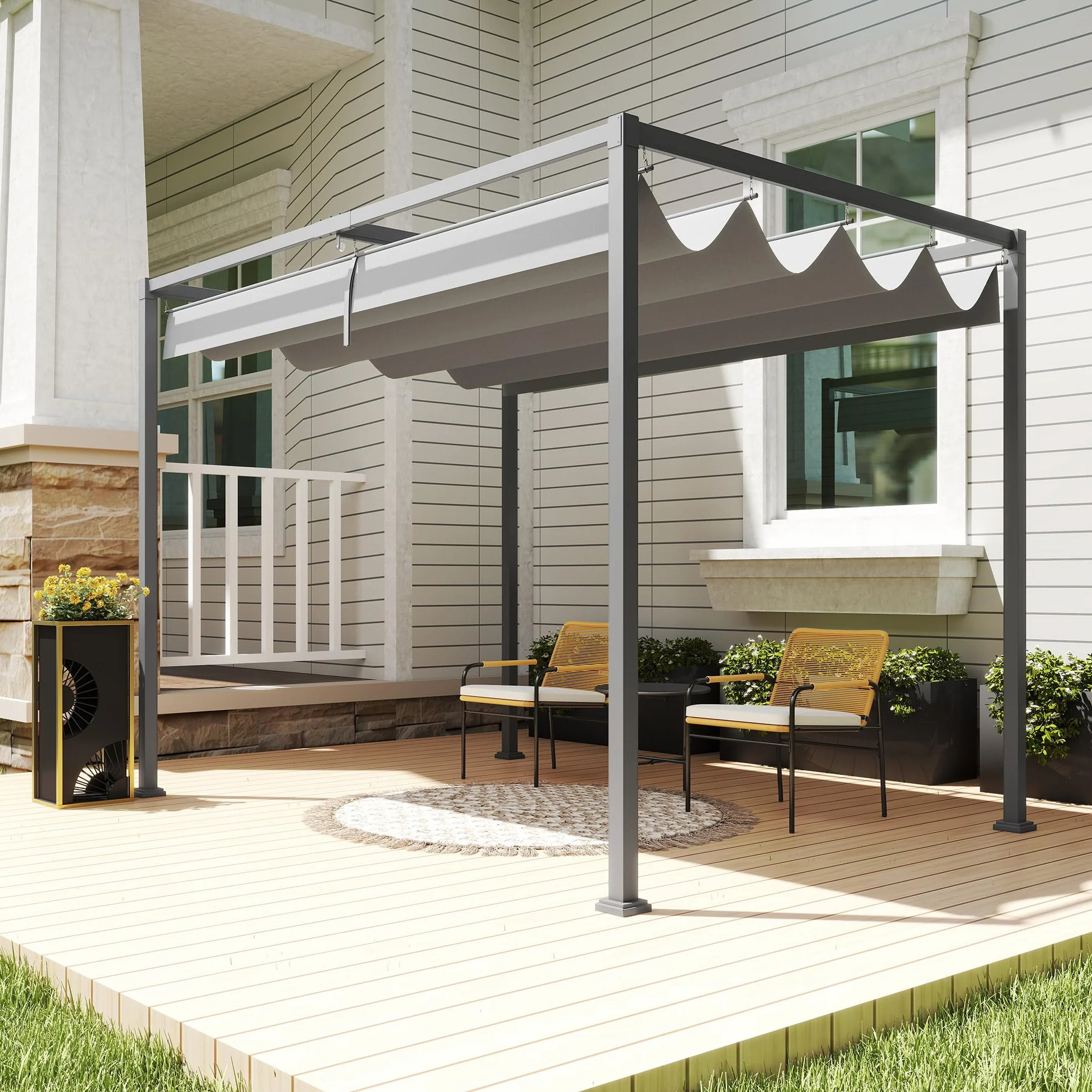 Outsunny Pérgola 3x2 m Cenador de Jardín Pabellón de Diseño Elegante con Techo Retráctil de Poliéster con Recubrimiento Resistente Anti-UV Impermeable para Celebraciones Fiestas Bodas Gris