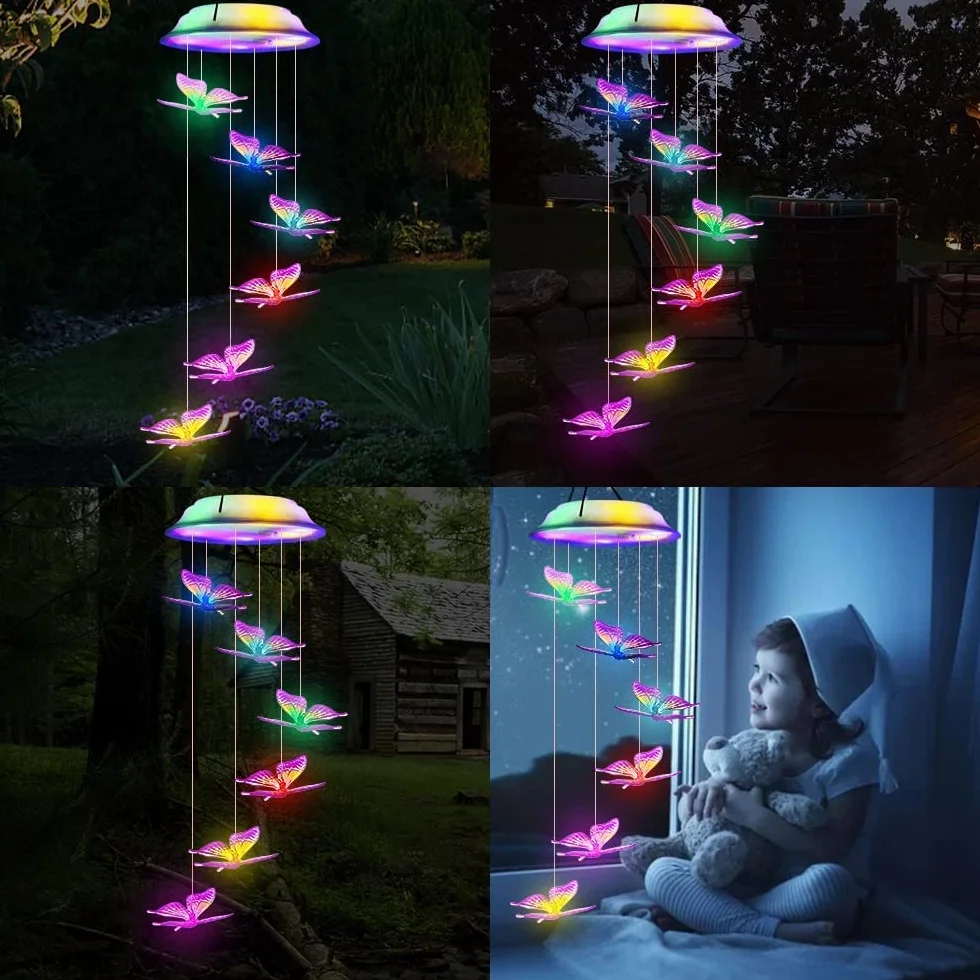 Campanilla de Viento Solar LED Mariposa Impermeable Lámpara Decoración Jardín